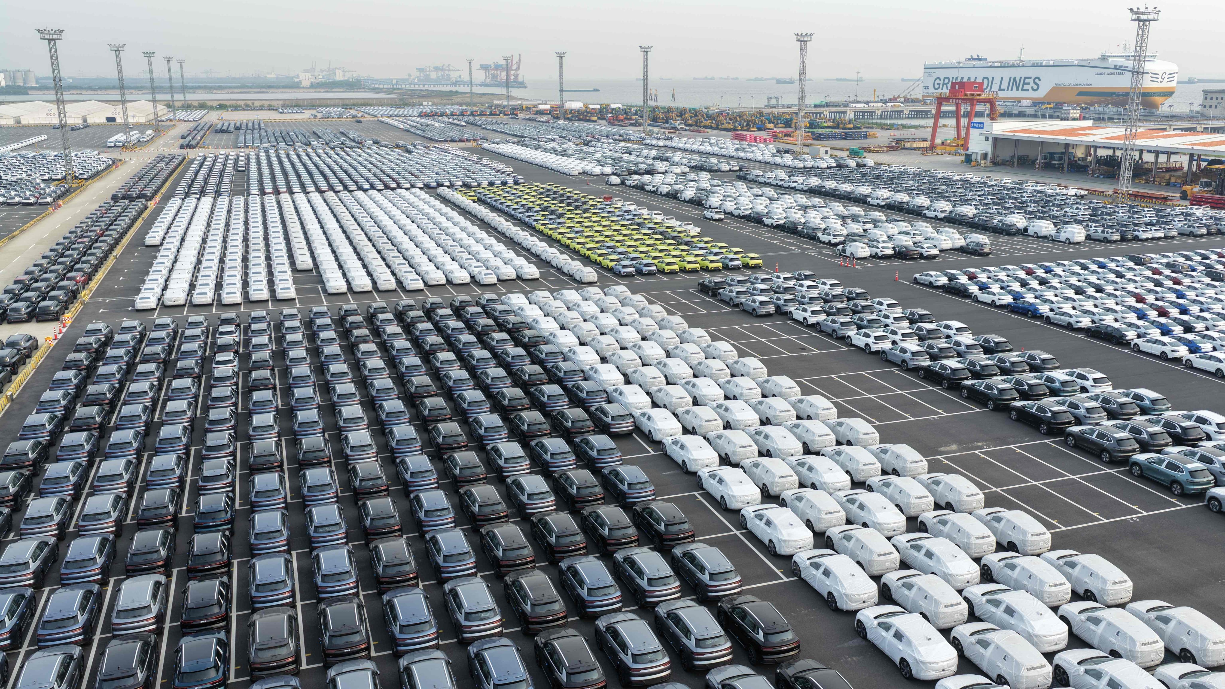 Chinese-made vehicles wait to be exported at a port in Jiangsu province on April 27. Photo: AFP