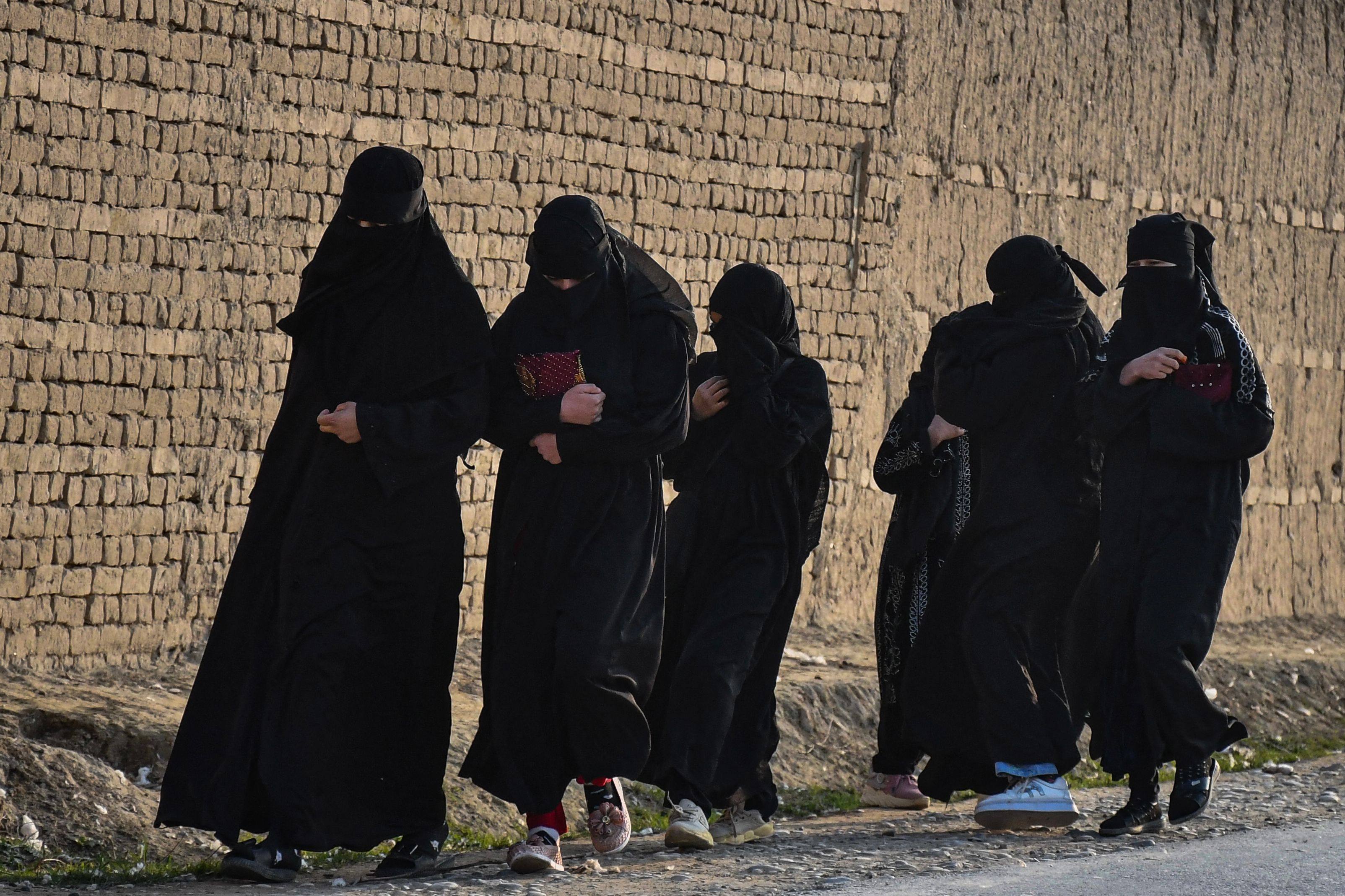 Afghan schoolgirls walk along a road in Balkh province. Photo: AFP