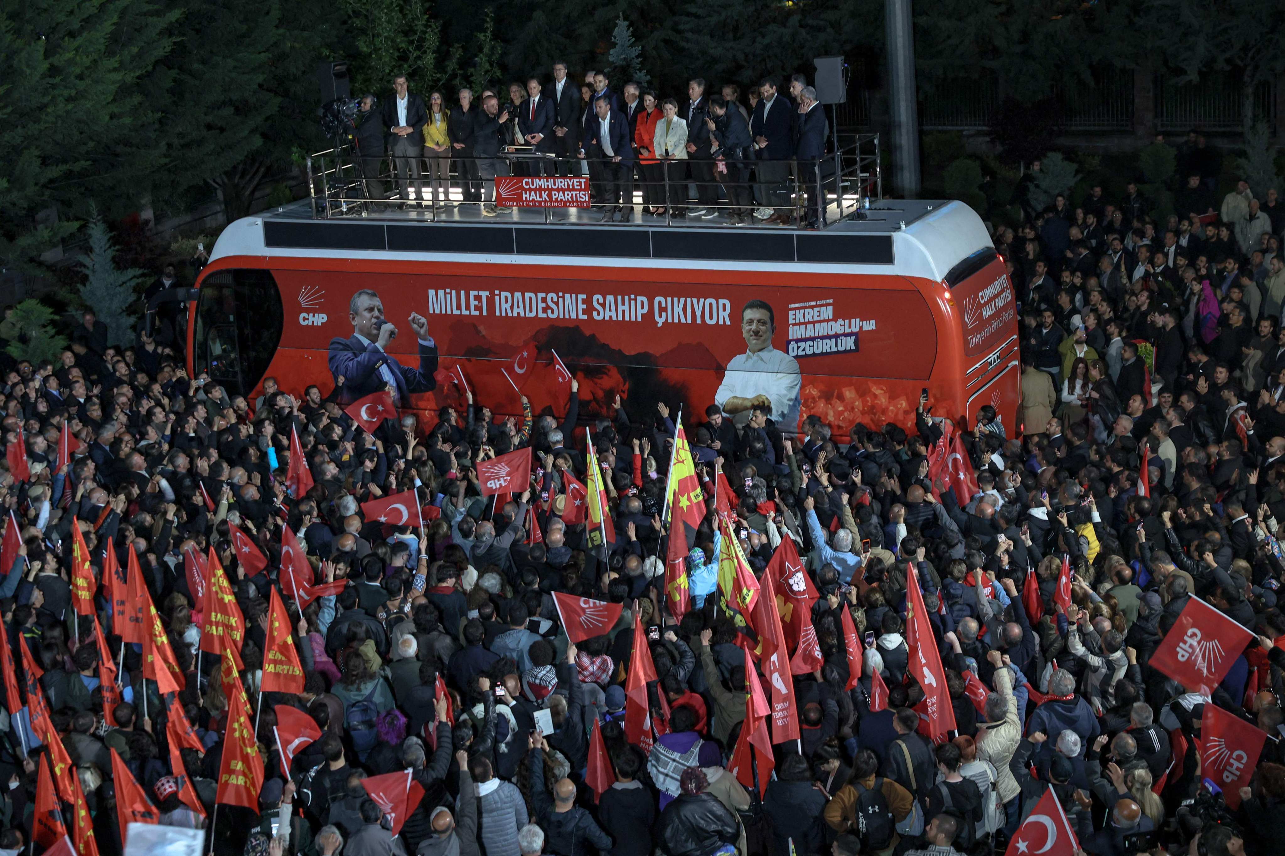 Ozgur Ozel addresses supporters outside the CHP headquarters in Ankara on Thursday. Photo: AFP