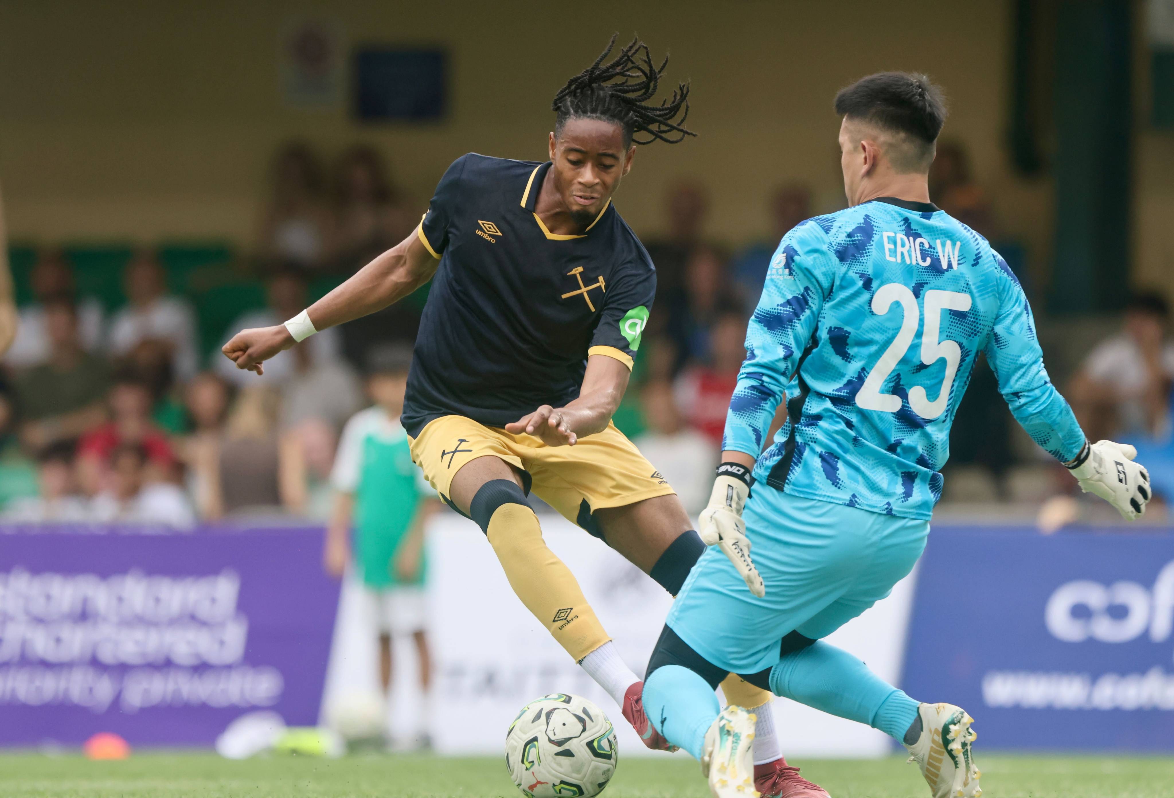 West Ham’s Josh Ajala demonstrates his quick feet against HKFC Captain’s Select. Photo: Jonathan Wong