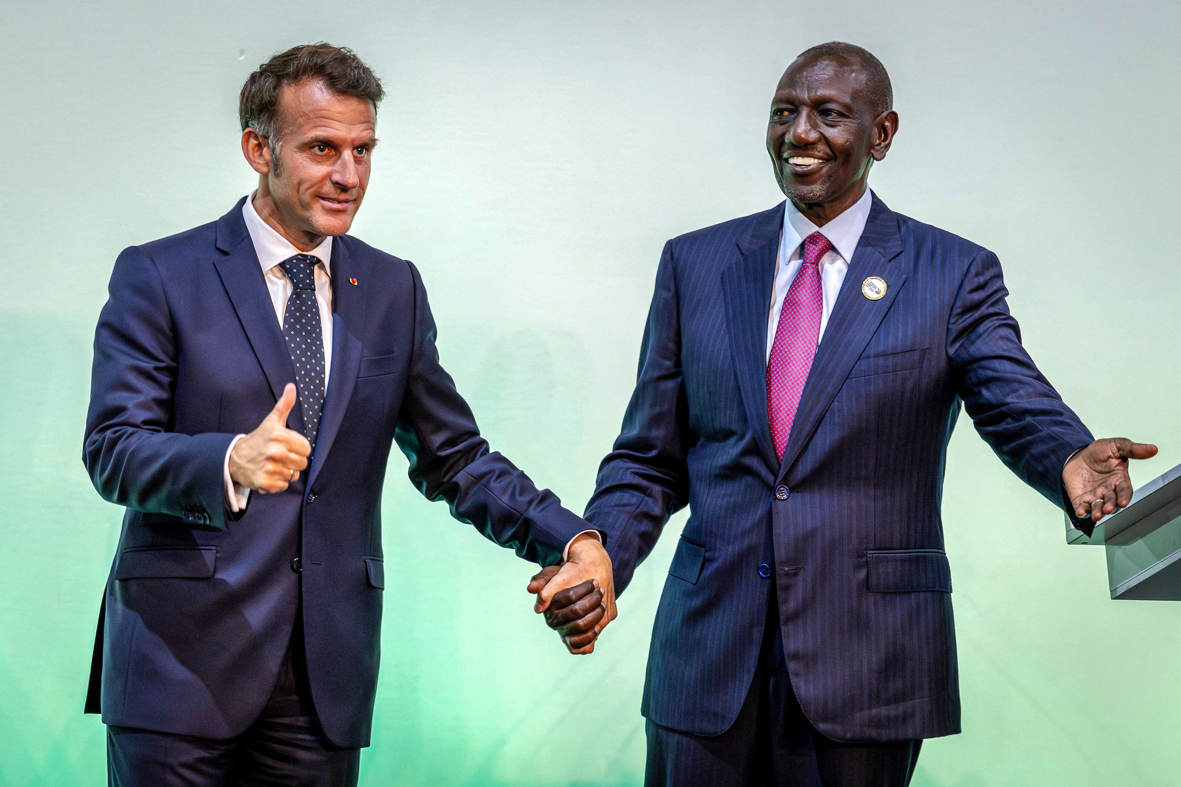 French President Emmanuel Macron and Kenyan leader William Ruto at the closing session of the Africa Forward Summit in Nairobi on Tuesday. Photo: AFP