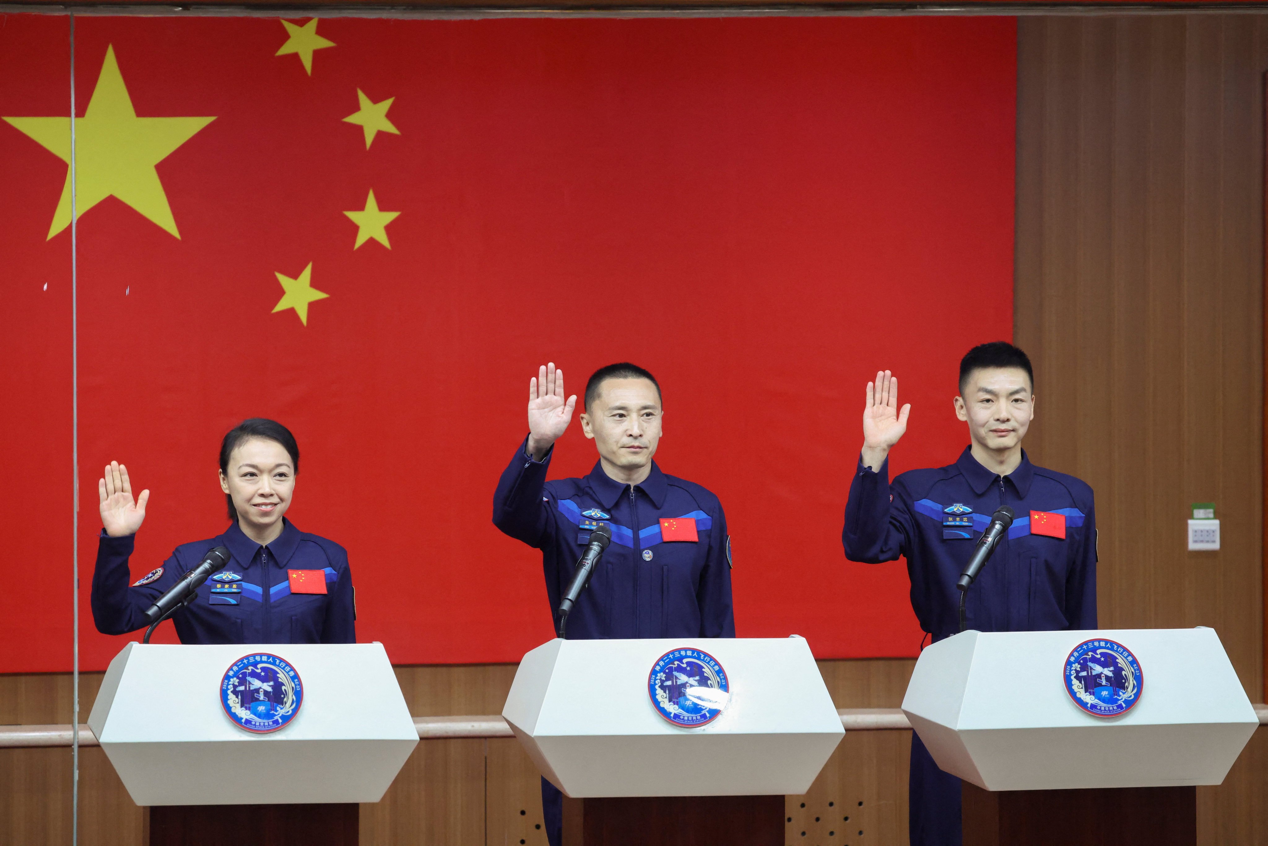 (From left) Astronauts Lai Ka-ying, Zhu Yangzhu and Zhang Zhiyuan at a Saturday press conference ahead of the Shenzhou-23 mission’s launch the following day. Photo: Reuters