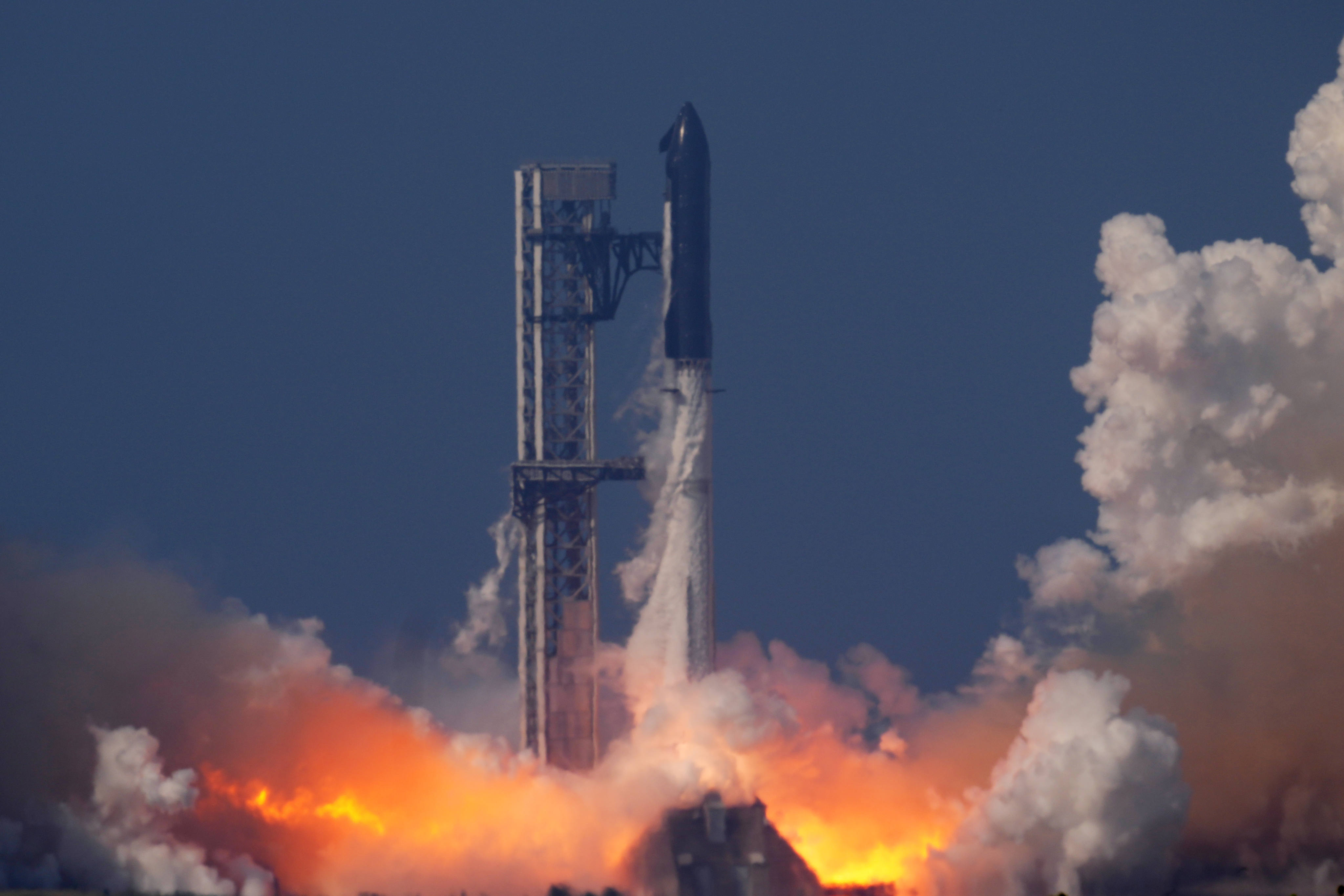 SpaceX’s Starship makes a test flight from Starbase, Texas, on Friday. Photo: AP