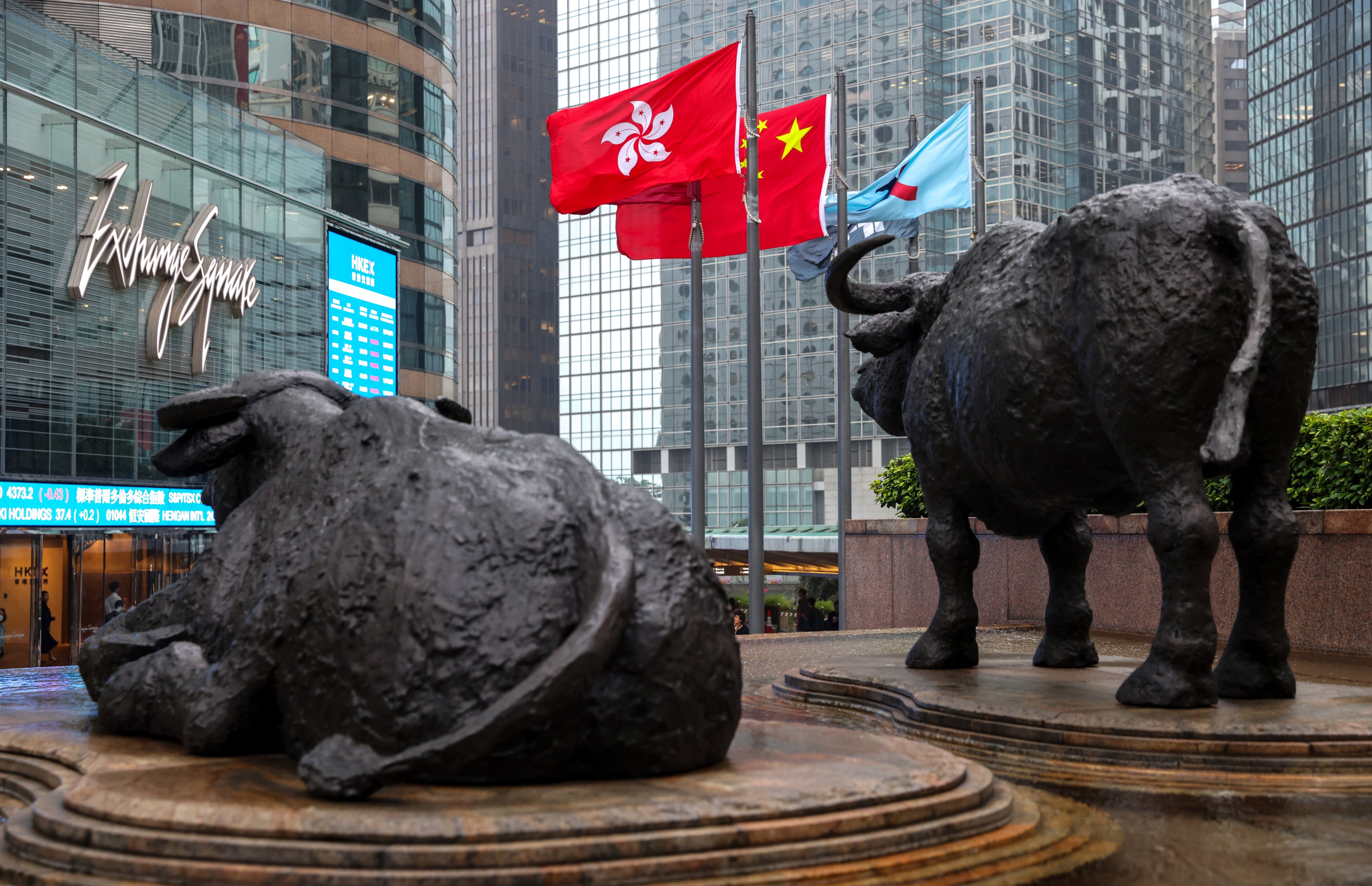 Hong Kong regional flag, Chinese flag and HKEX flag fly outside the Exchange Square in Central. Photo: Yik Yeung-man