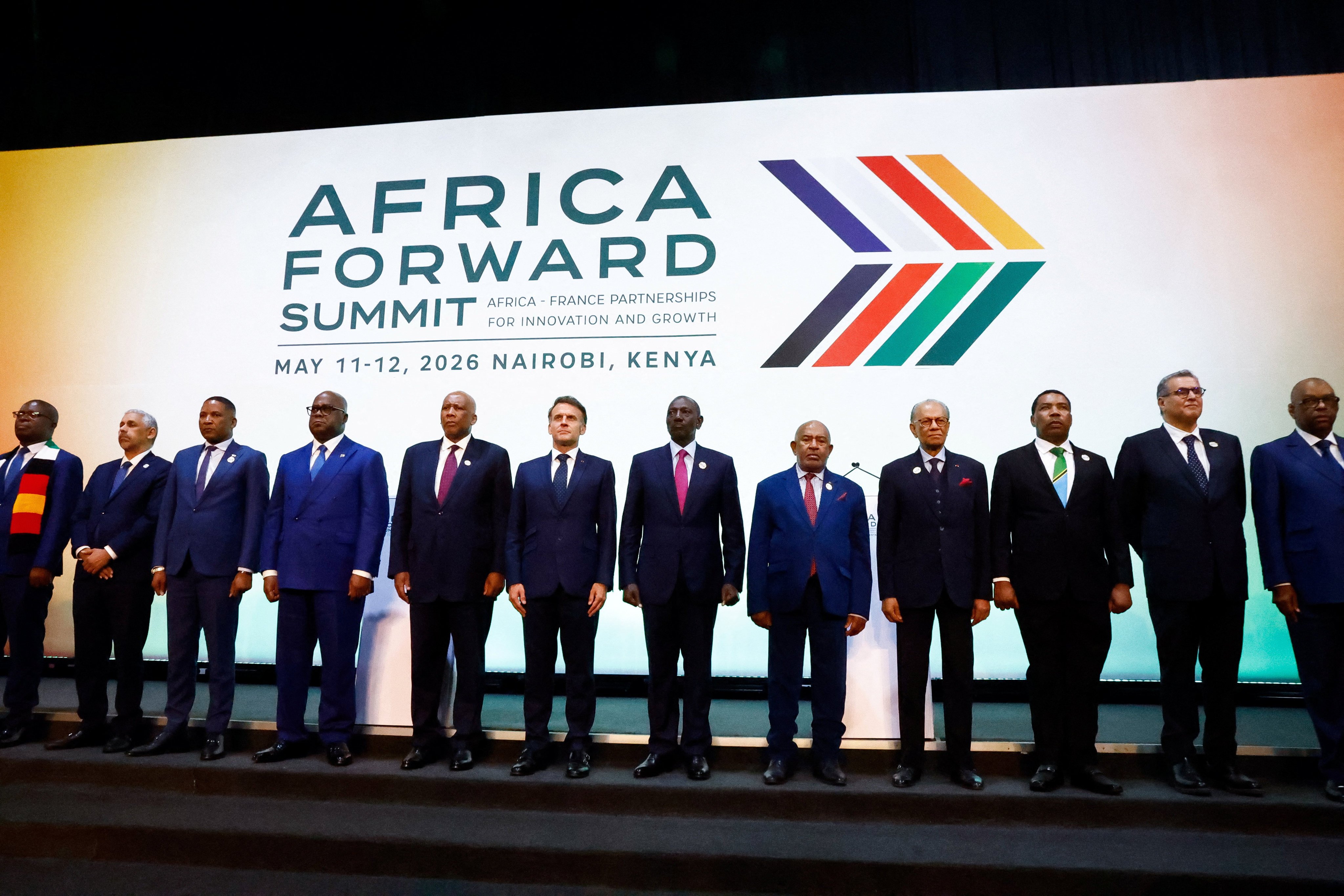 French President Emmanuel Macron and Kenya’s President William Ruto pose for a photo with other African heads of state during the closing ceremony of the ‘Africa Forward’ Summit 2026 at the Kenyatta International Conference Centre (KICC), in Nairobi, Kenya, on May 12, 2026. Photo: Reuters