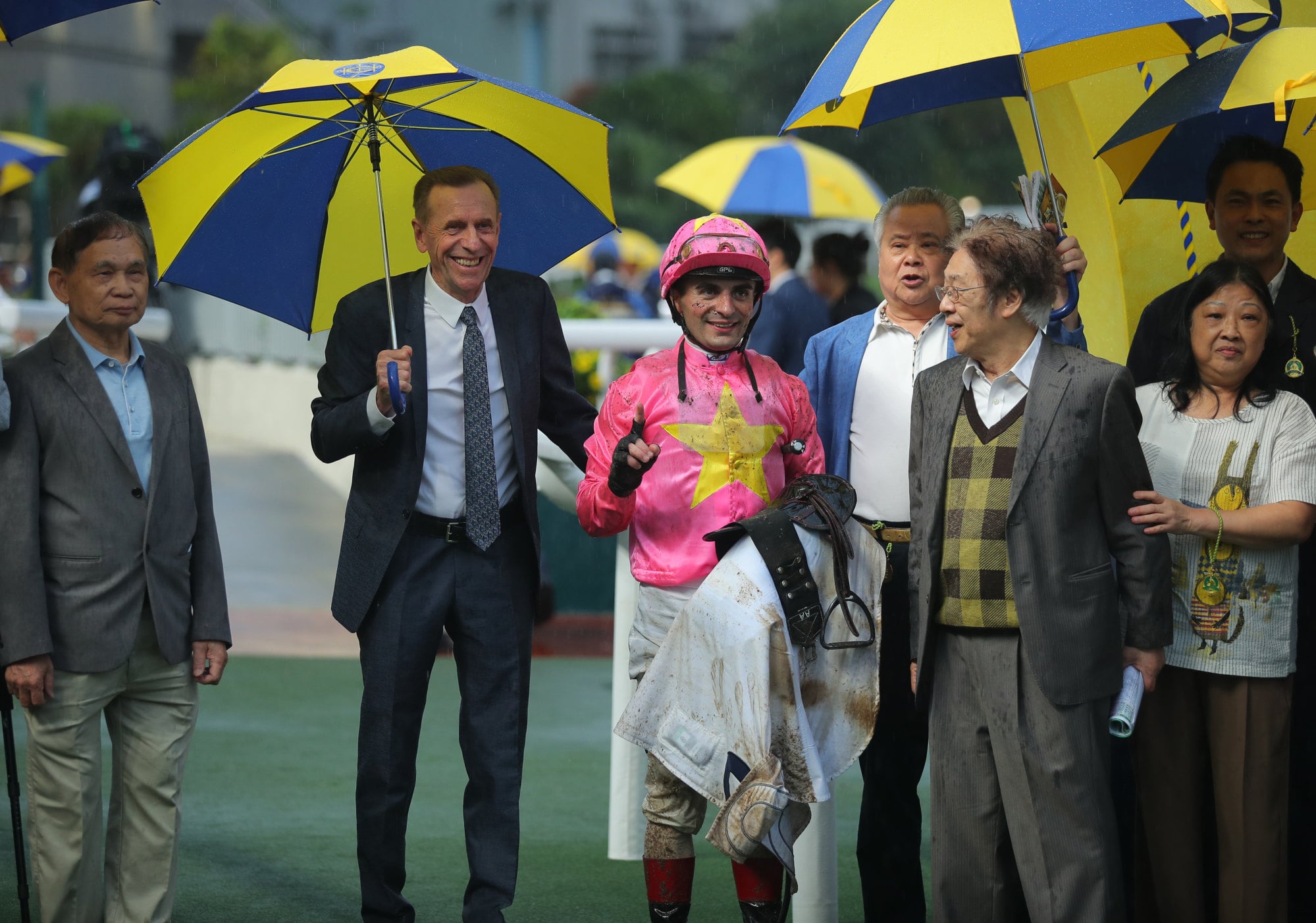 Jockey Andrea Atzeni, trainer John Size (second from left) and connections of Sky Jewellery celebrate his latest win. Jockey Andrea Atzeni, trainer John Size (second from left) and connections of Sky Jewellery celebrate his latest win.