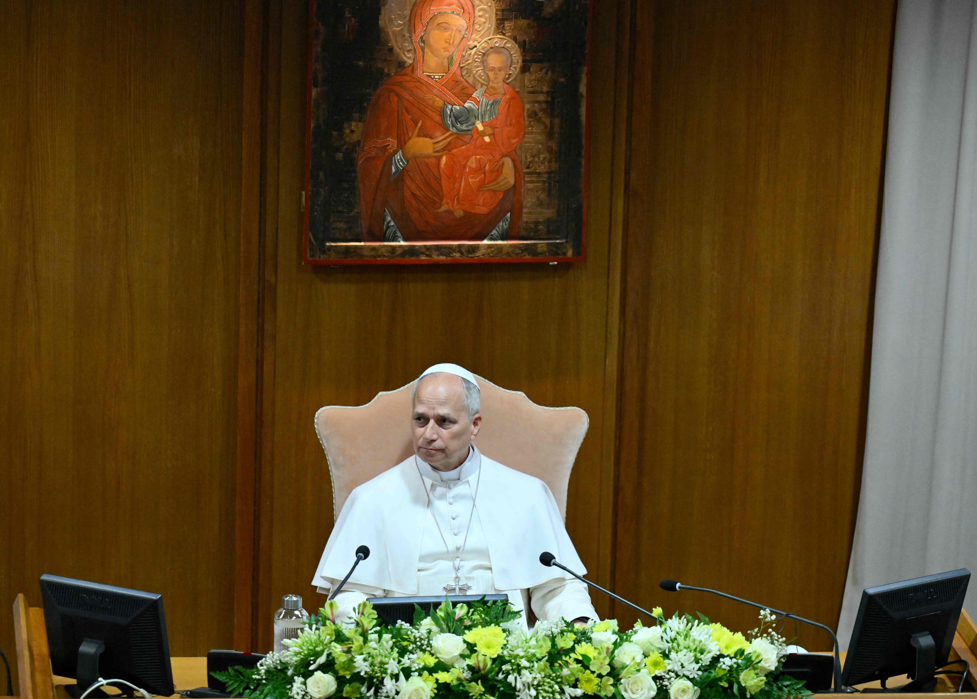 Pope Leo XIV attends the presentation of his first Encyclical Letter ‘Magnifica Humanitas’, focused on the rise of artificial intelligence, in The Vatican on Monday. Photo: AFP