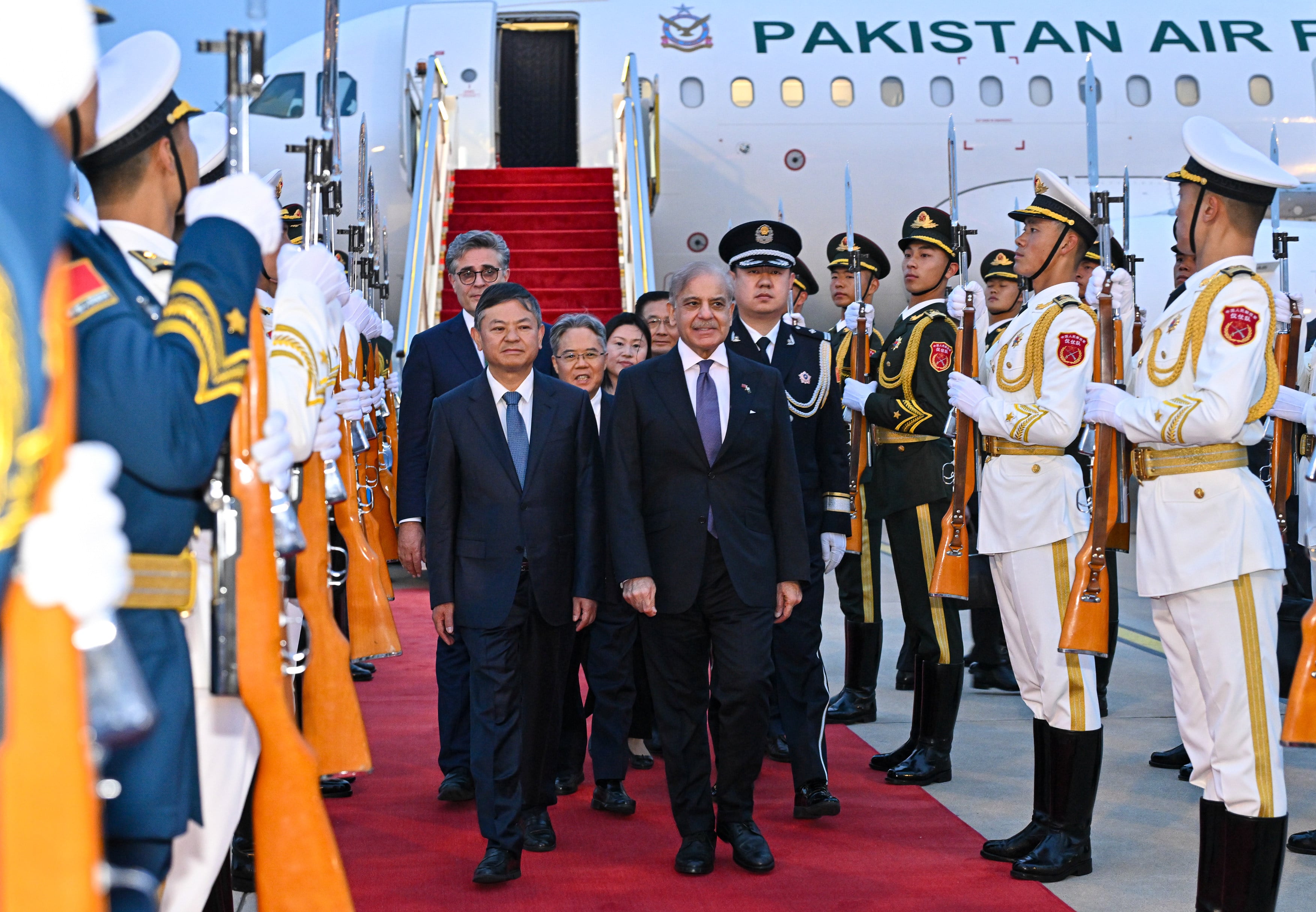 Pakistani Prime Minister Shehbaz Sharif (centre) arrives in Beijing. Photo: Xinhua