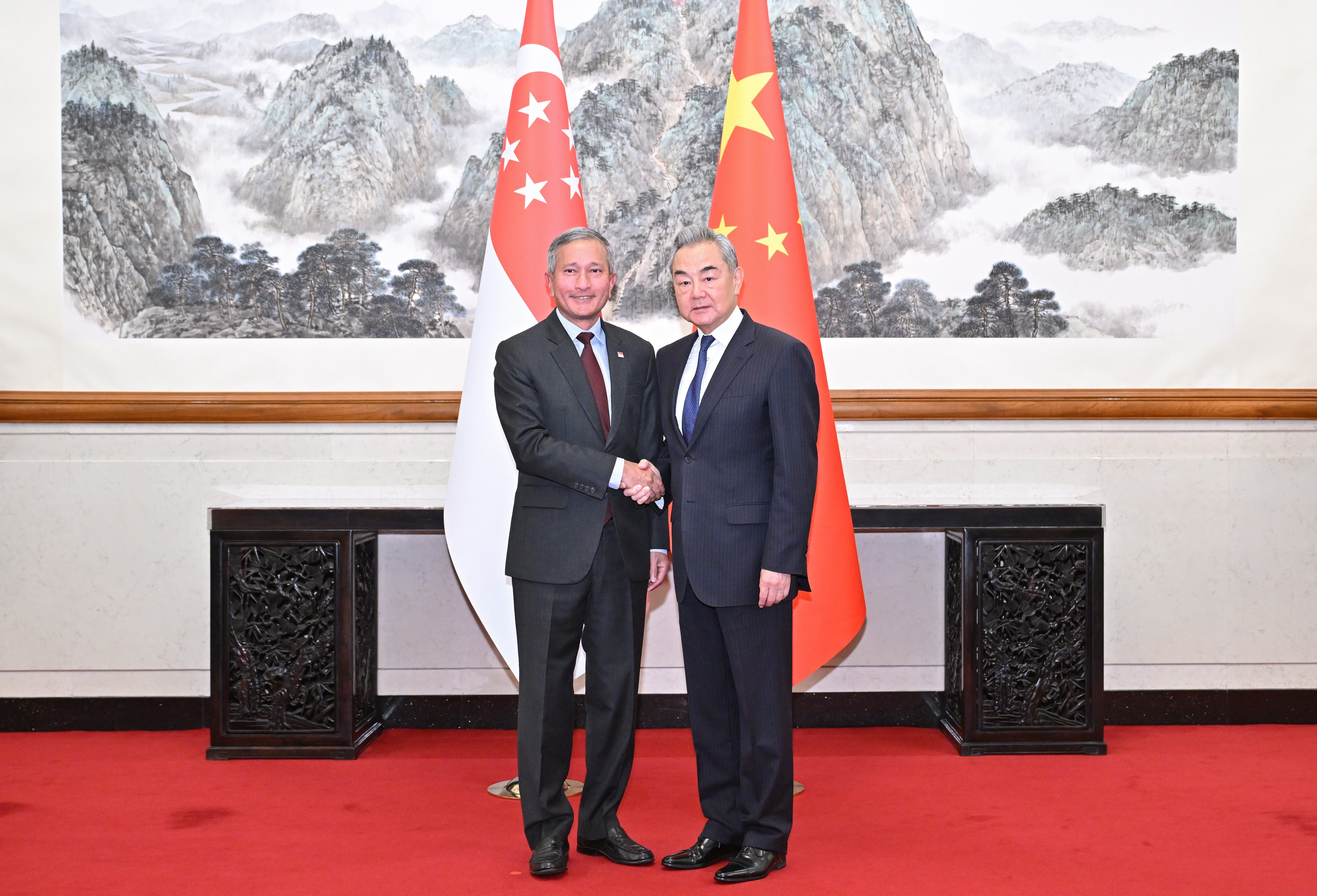 Singaporean Foreign Minister Vivian Balakrishnan meets Chinese Foreign Minister Wang Yi in Beijing on Monday. Photo: Xinhua