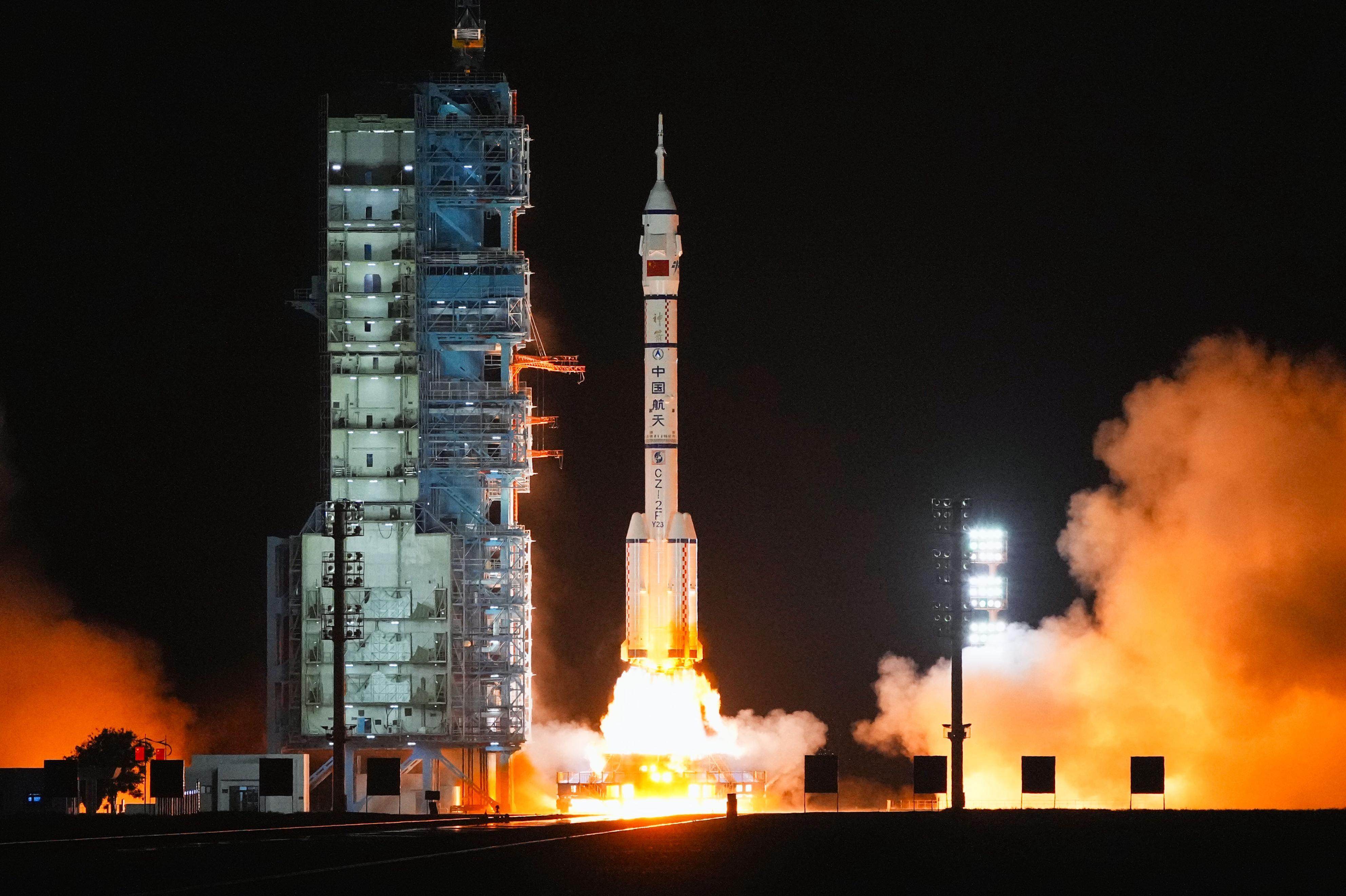 A rocket carrying China’s Shenzhou-23 crewed spaceship launches from a satellite launch centre in Gansu province on May 24. Photo: Kyodo