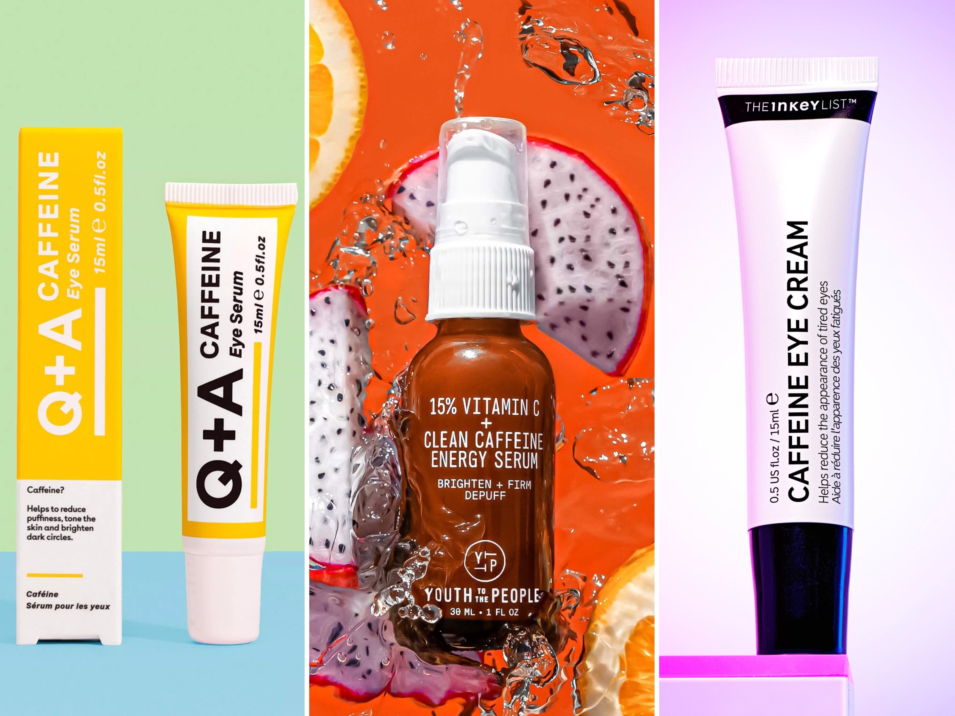 Many brands, from Q+A to Youth to the People to The Inkey List, offer creams and serums containing caffeine to manage tired and puffy eyes. Photo: Handout