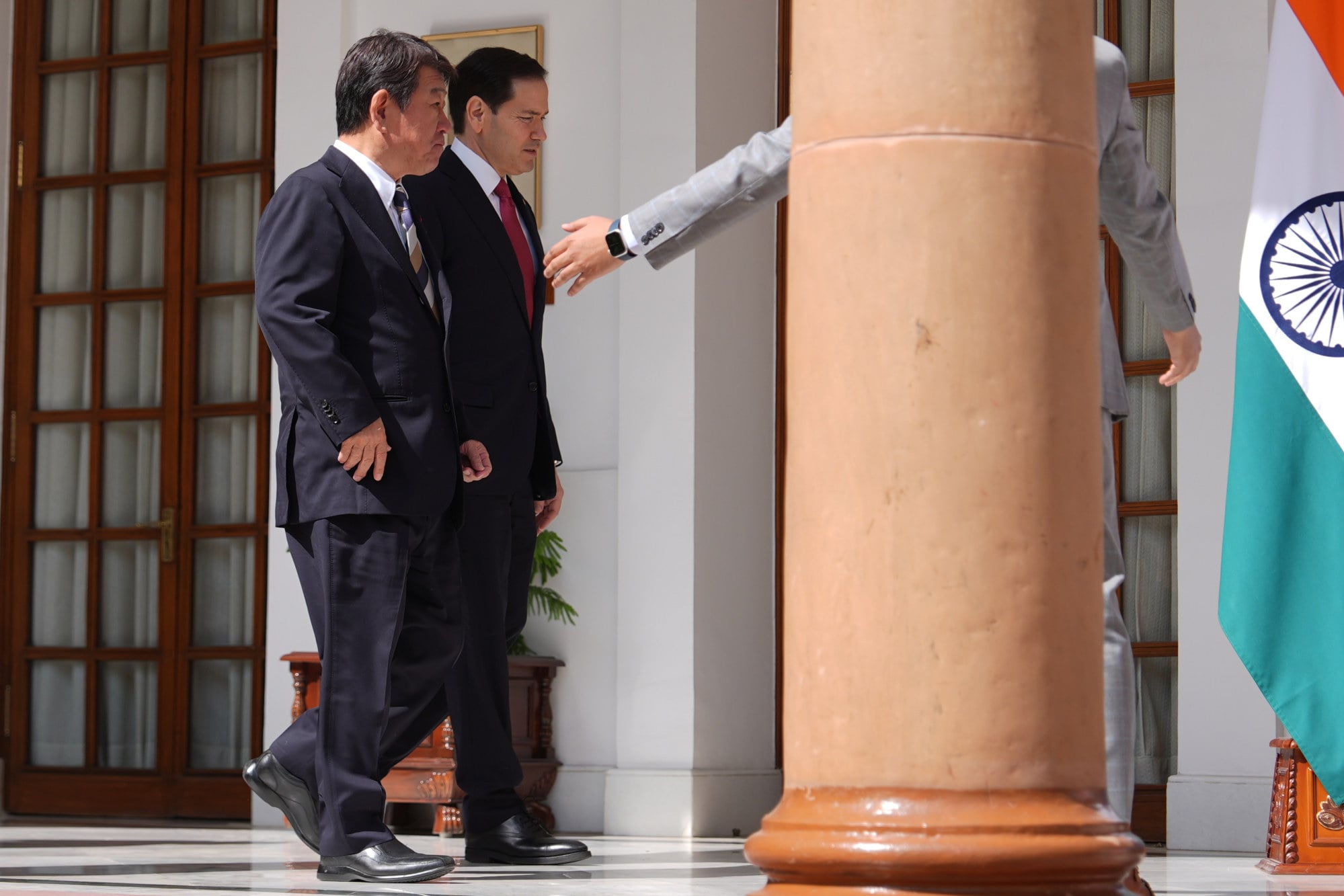 Japanese Foreign Minister Toshimitsu Motegi (front) and US Secretary of State Marco Rubio following a Quad ministerial meeting in New Delhi. Photo: AP