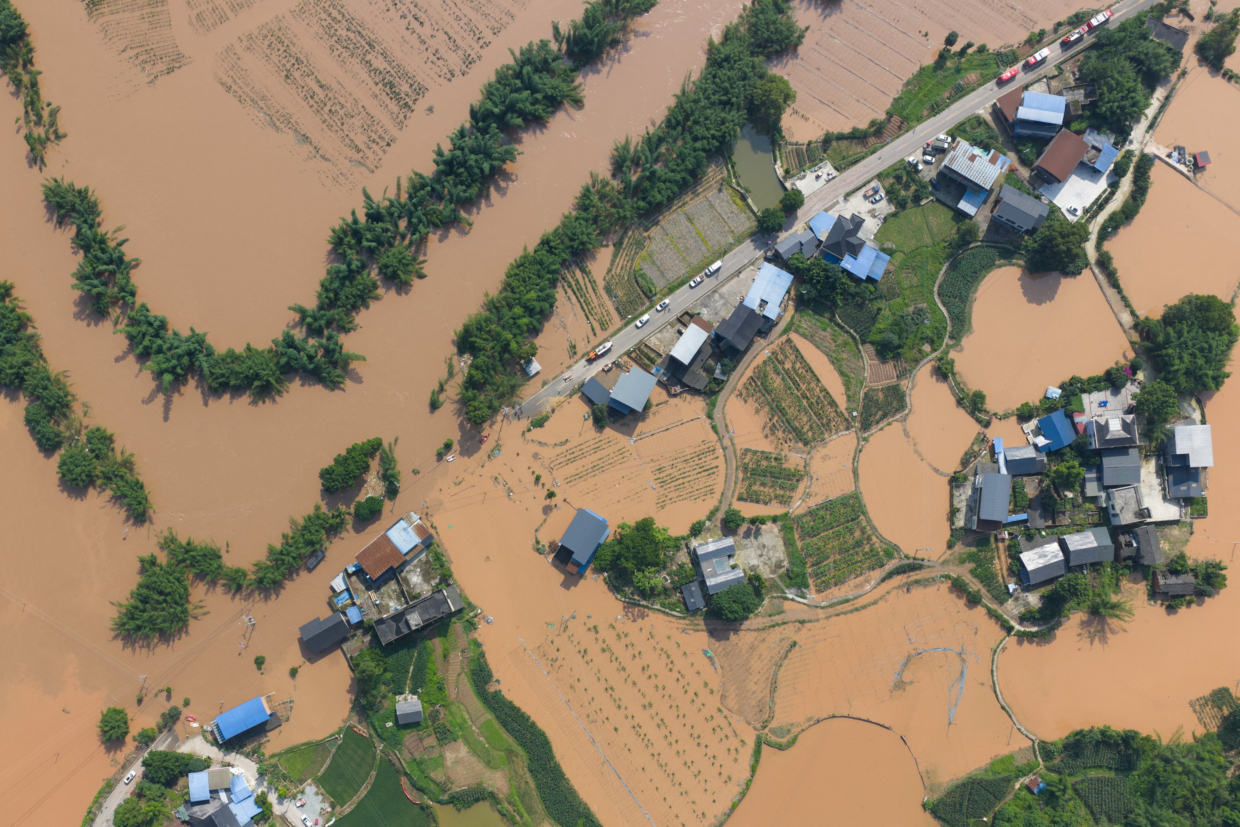 A drone view of Anxi village following flash floods and landslides triggered by extreme rainfall, in Yongchuan district, Chongqing, China May 24, 2026.  cnsphoto via REUTERS ATTENTION EDITORS - THIS IMAGE WAS PROVIDED BY A THIRD PARTY. CHINA OUT.