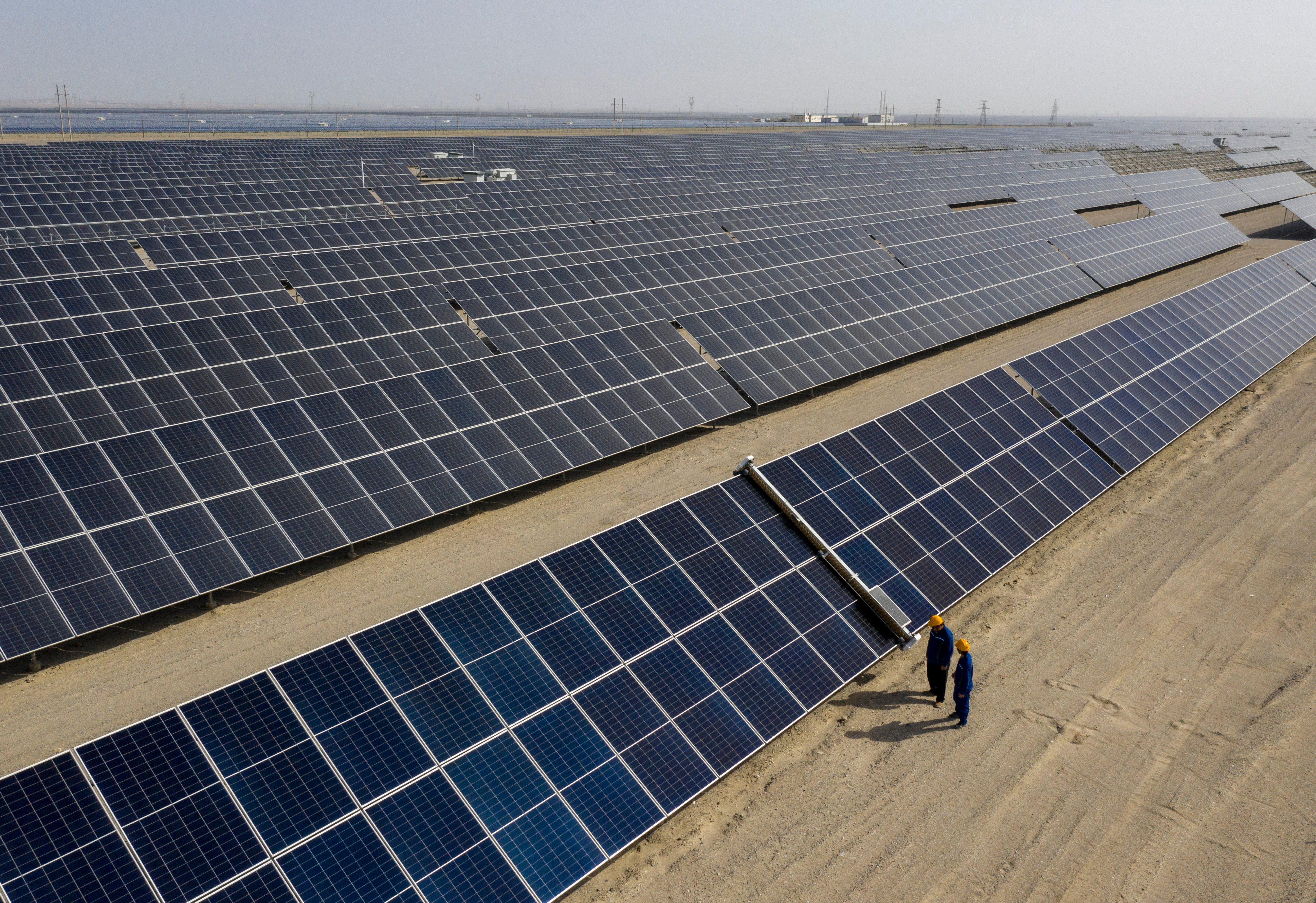 Workers inspect a vast solar power project in western China. Photo: Xinhua