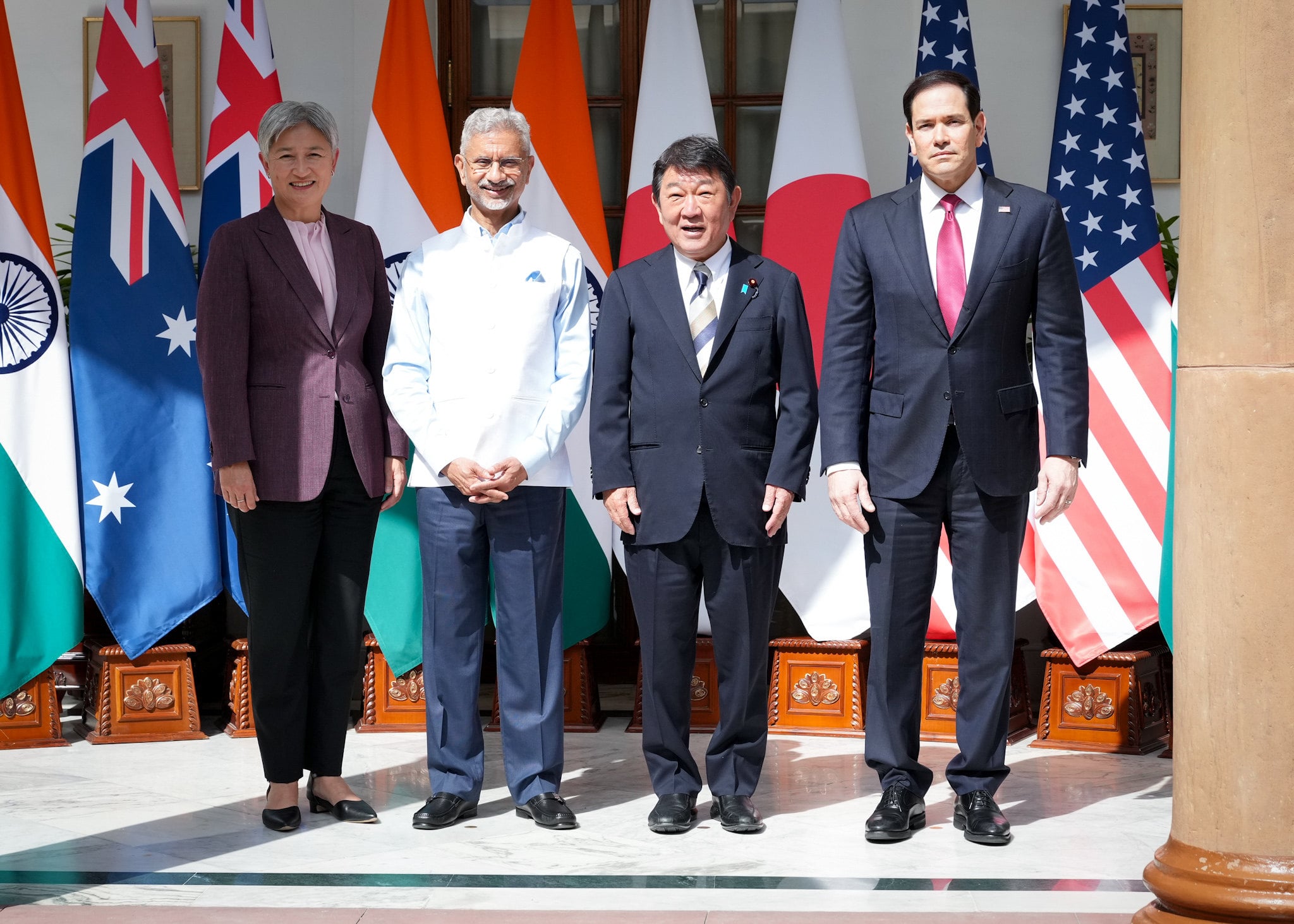 From left: Australian Foreign Minister Penny Wong, Indian External Affairs Minister Subrahmanyam Jaishankar, Japanese Foreign Minister Toshimitsu Motegi and US Secretary of State Marco Rubio pose in New Delhi at a meeting of Quad foreign ministers. Photo: Kyodo
