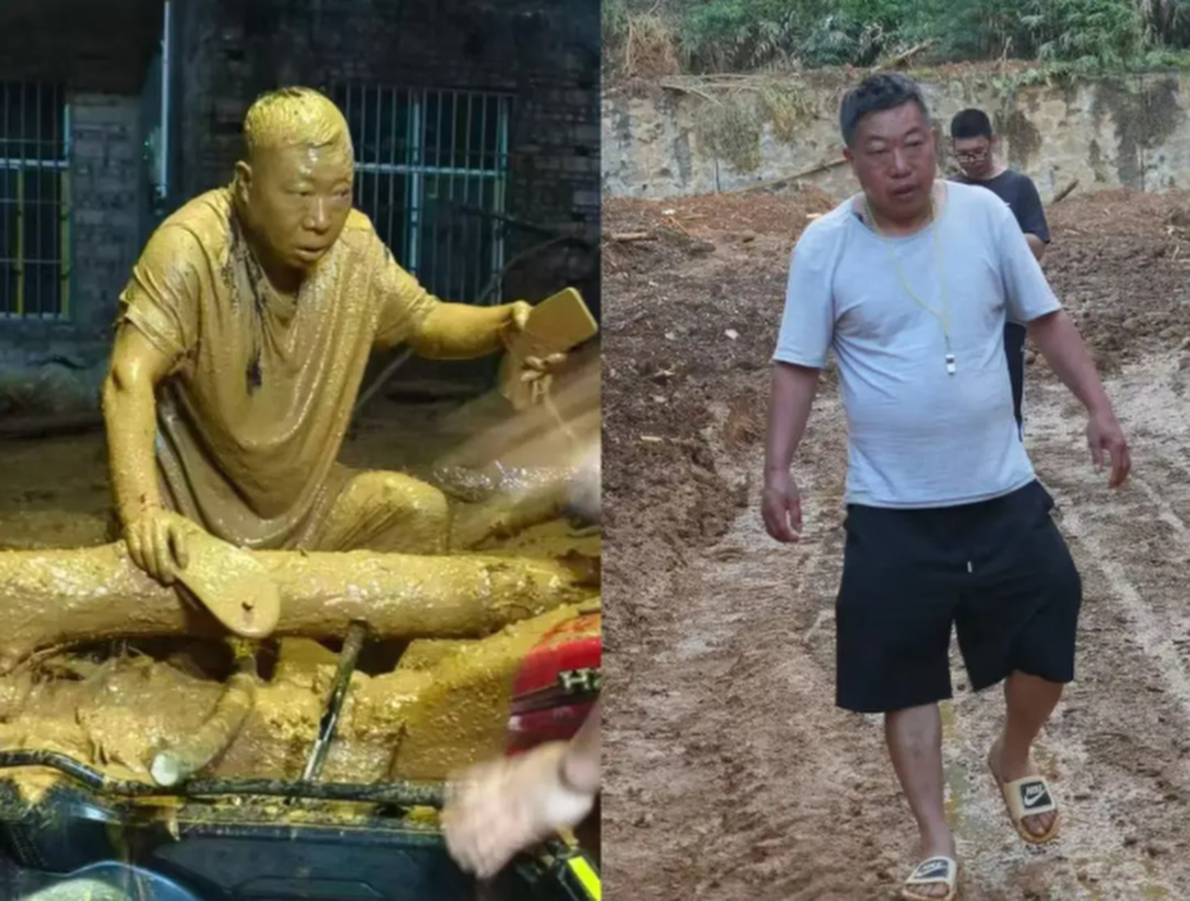 A viral photograph of a village official in China completely covered in mud shows him gripping a tree during a mudslide while he was evacuating villagers. Photo: QQ.com