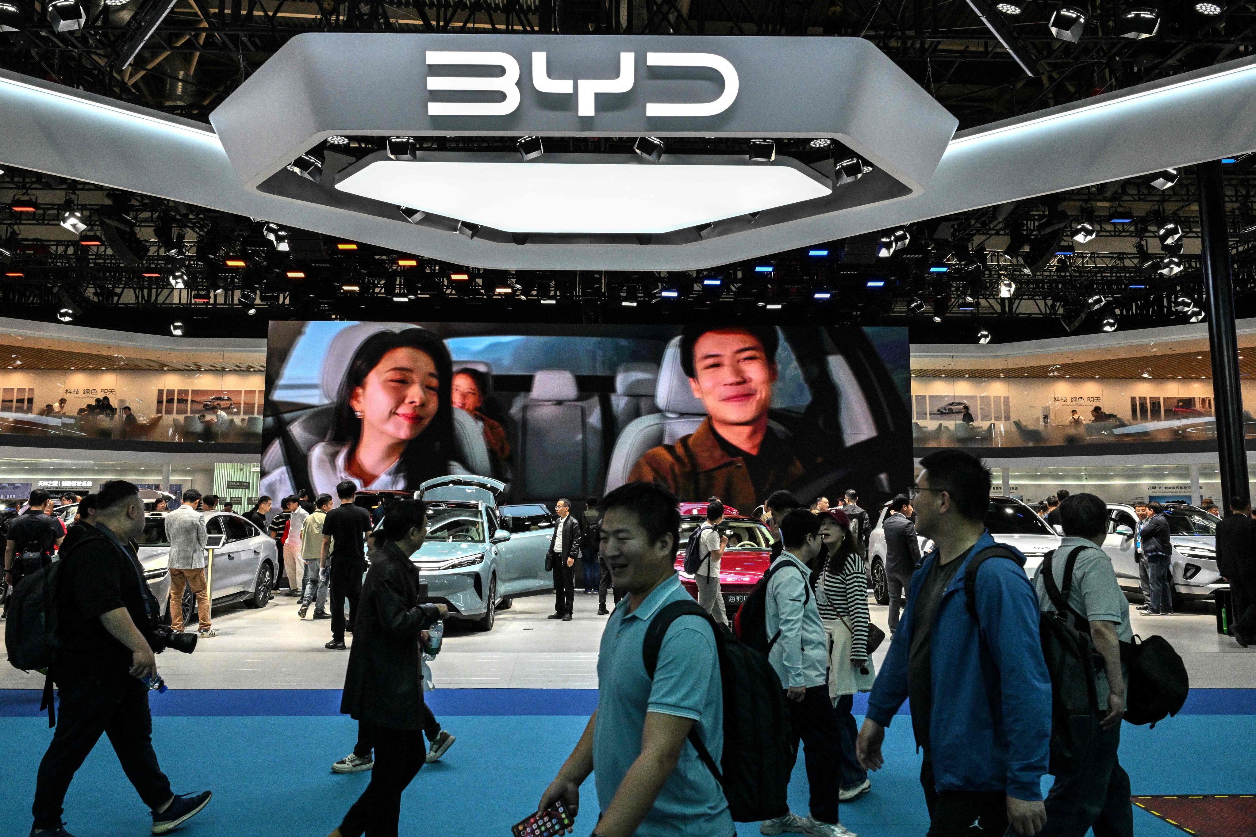 A BYD booth at the Beijing Auto Show on April 30. Photo: AFP