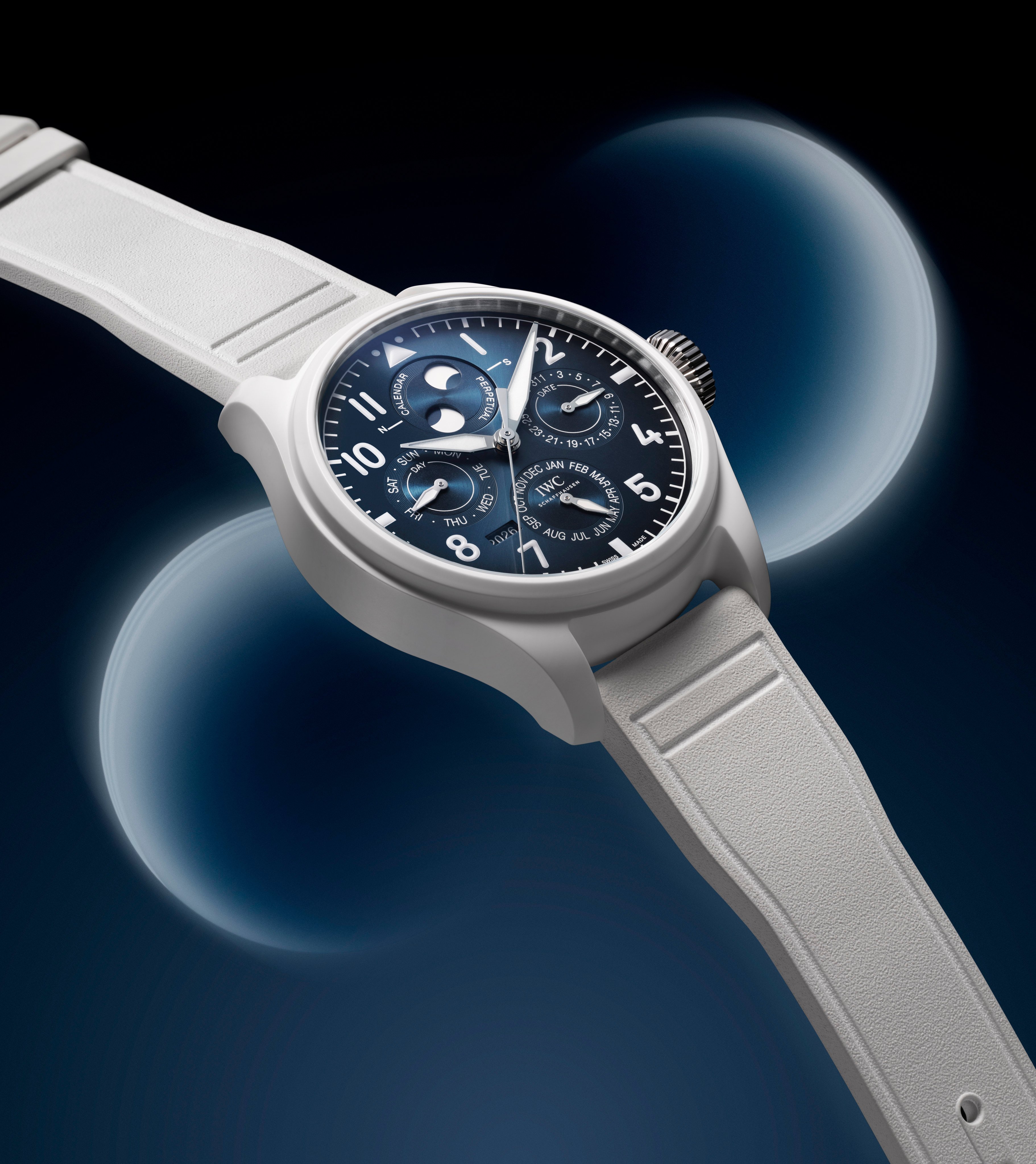 The white ceramic case of IWC Schaffhausen’s Big Pilot’s Watch Perpetual Calendar ProSet Le Petit Prince forms a striking contrast to the watch’s blue dial. Photo: Handout