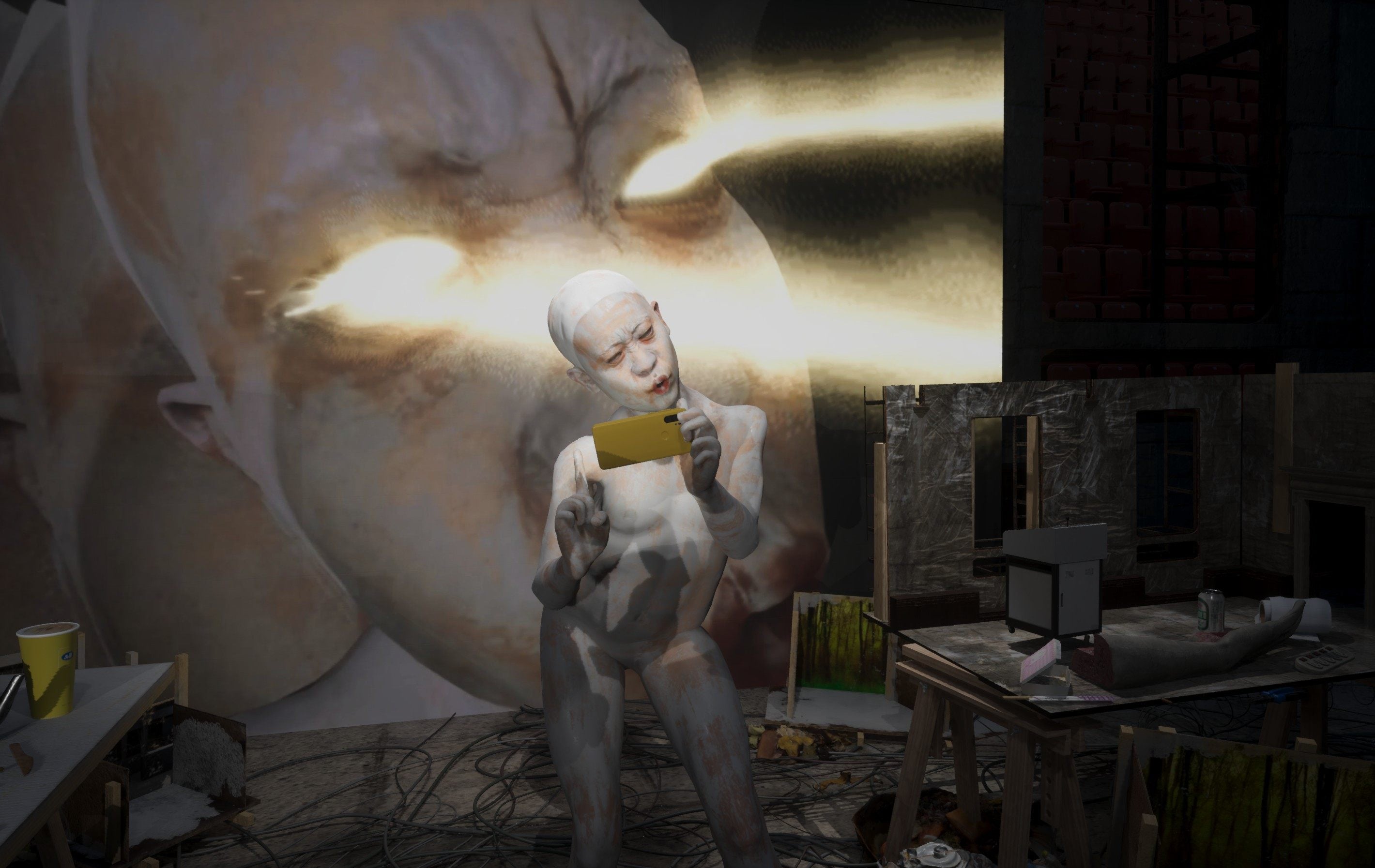 A scene from “Screen Melancholy” (2026), by Li Yi-fan, for the Taiwan collateral event at the 2026 Venice Biennale. Li's digital puppet critiques our screen-obsessed era. Photo: courtesy of the artist and Taipei Fine Arts Museum