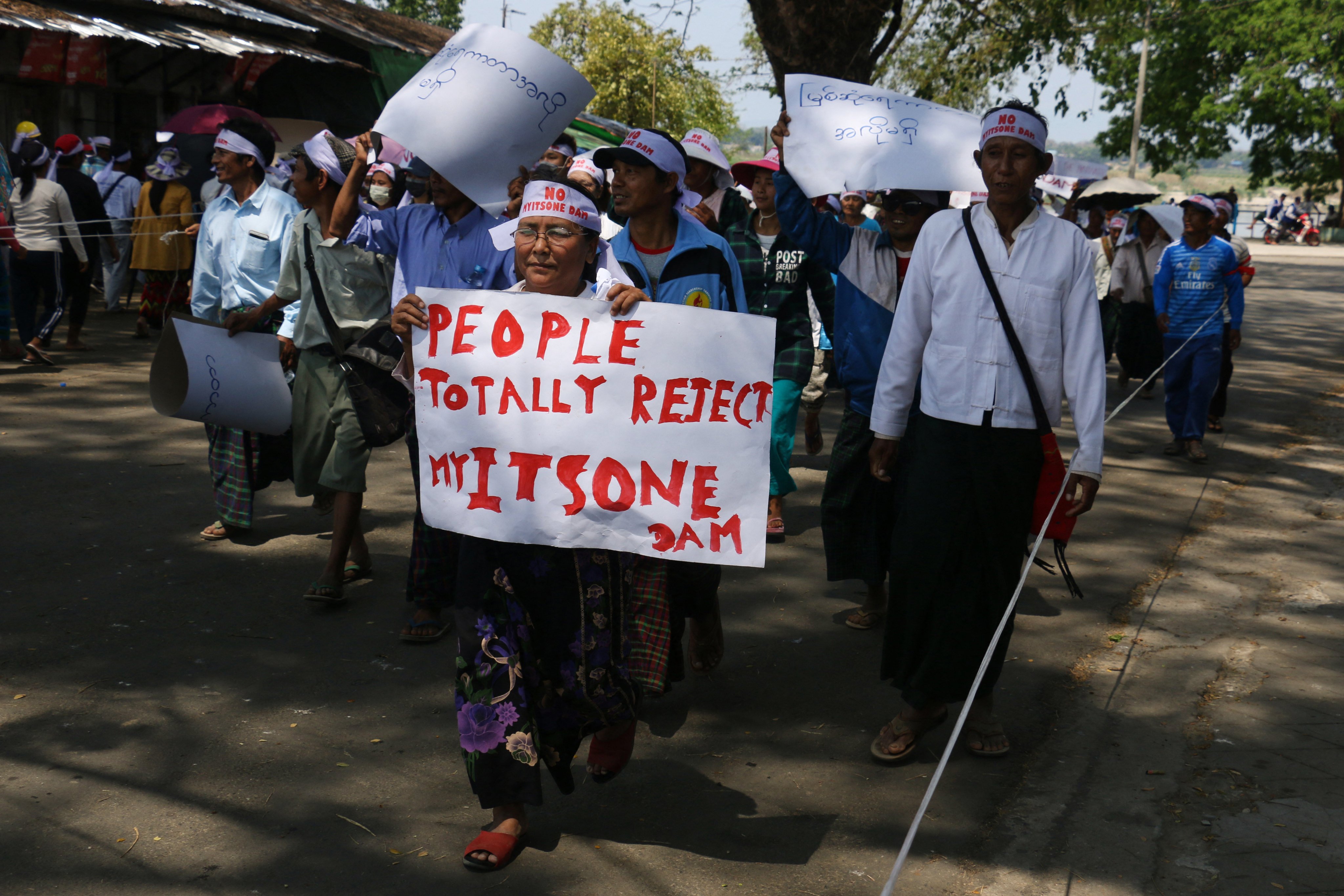 People from Kachin state protest against the Myitsone Fam project in Waimaw in April 2019. Photo: AFP