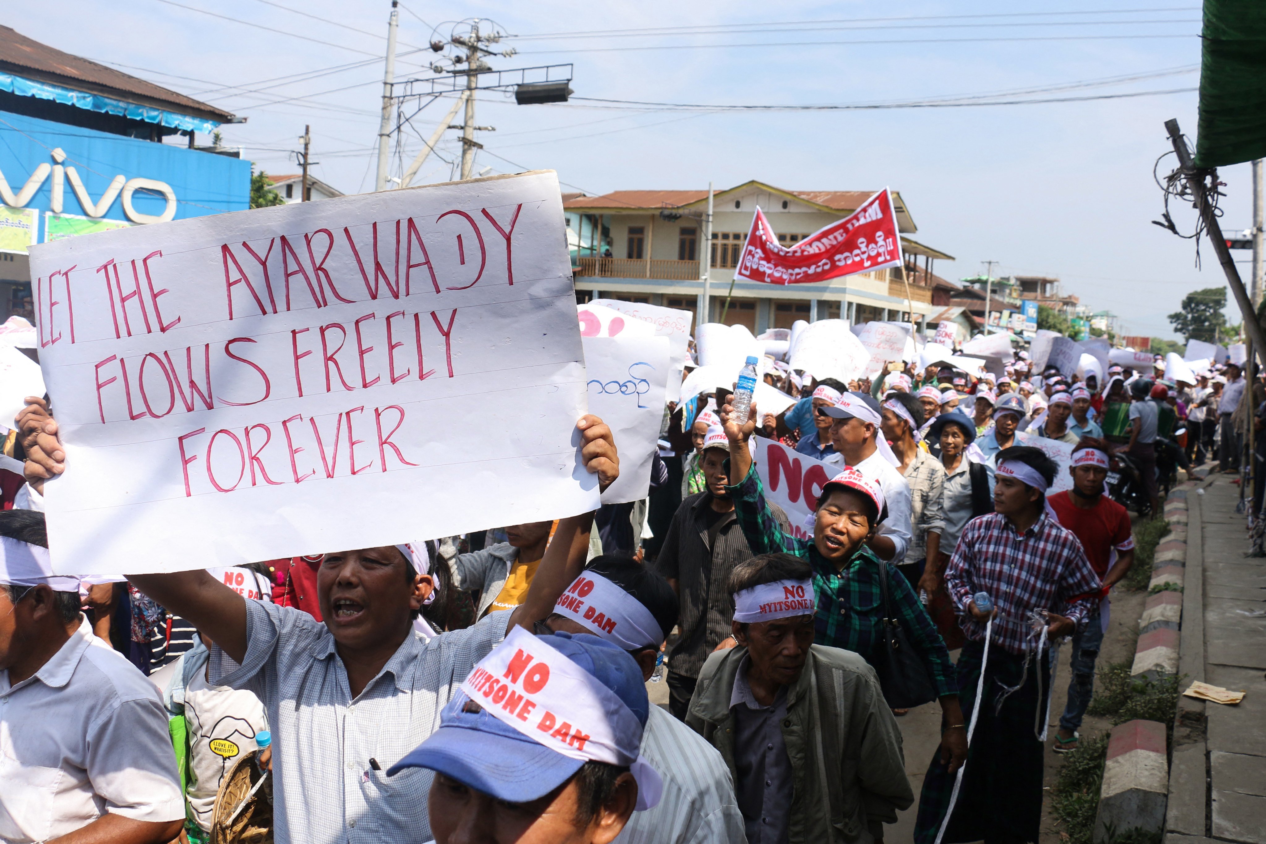 People from Myanmar's Kachin state protest against the Myitsone Dam project in Waimaw, near the state capital Myitkyina, in April 2019. Photo: AFP