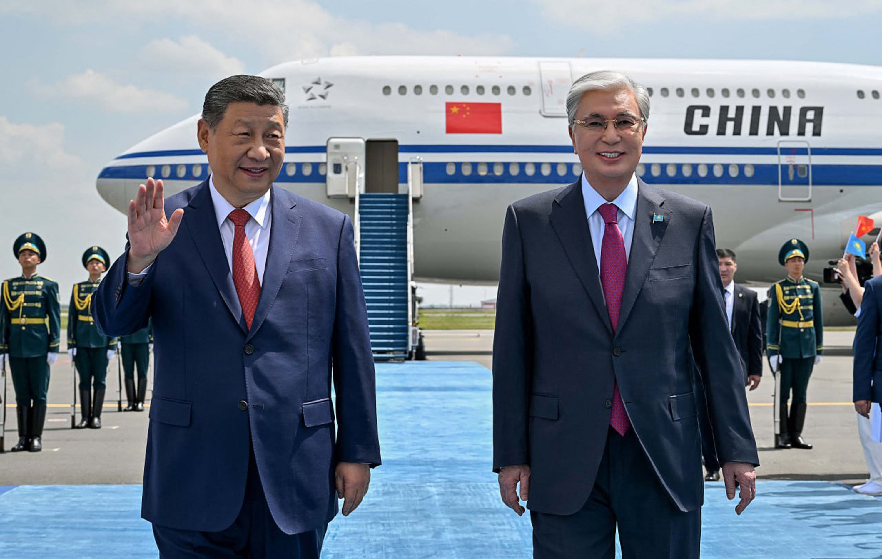 Chinese President Xi Jinping (left) arrives in Astana for the second China-Central Asia Summit in June 2025. He was welcomed at the airport by Kazakhstan’s President Kassym-Jomart Tokayev. Photo: AFP