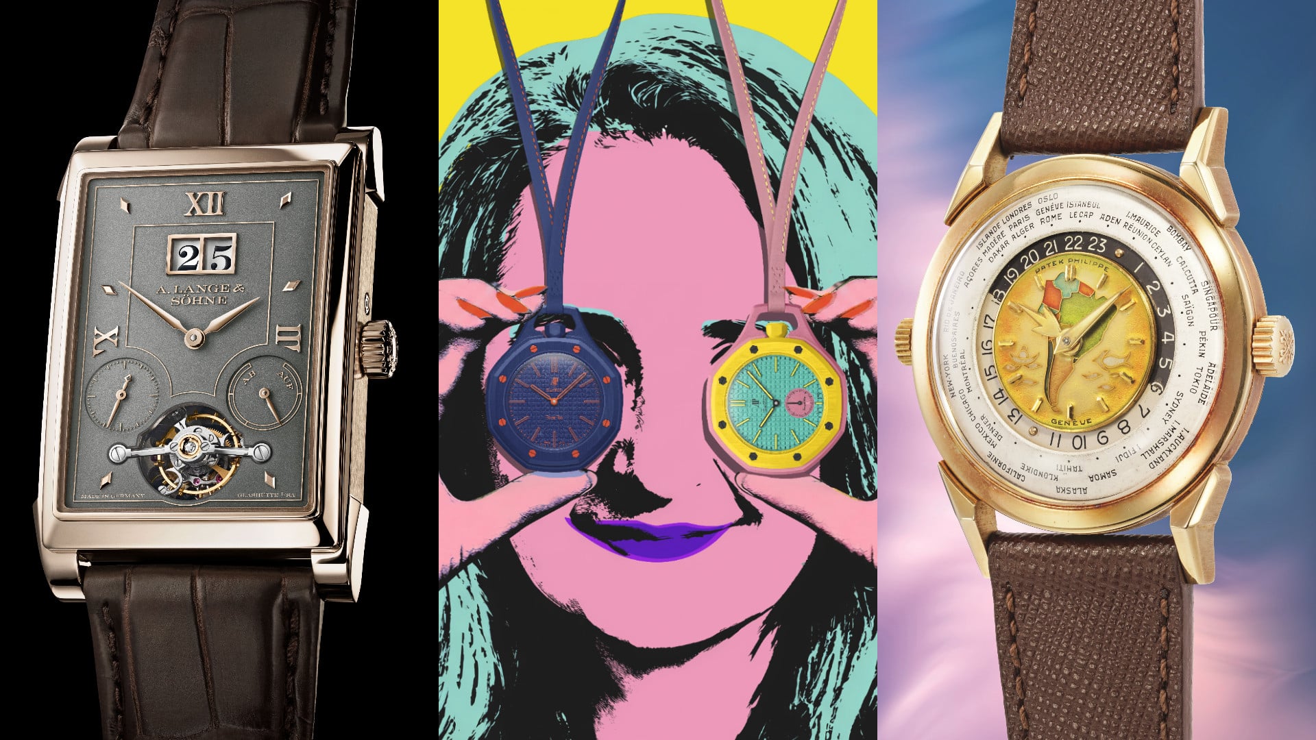 From left: A. Lange & Söhne Cabaret Tourbillon in Honeygold; Audemars Piguet x Swatch Royal Pop; Patek Philippe ref. 2523 South America World Time. Photos: Handout