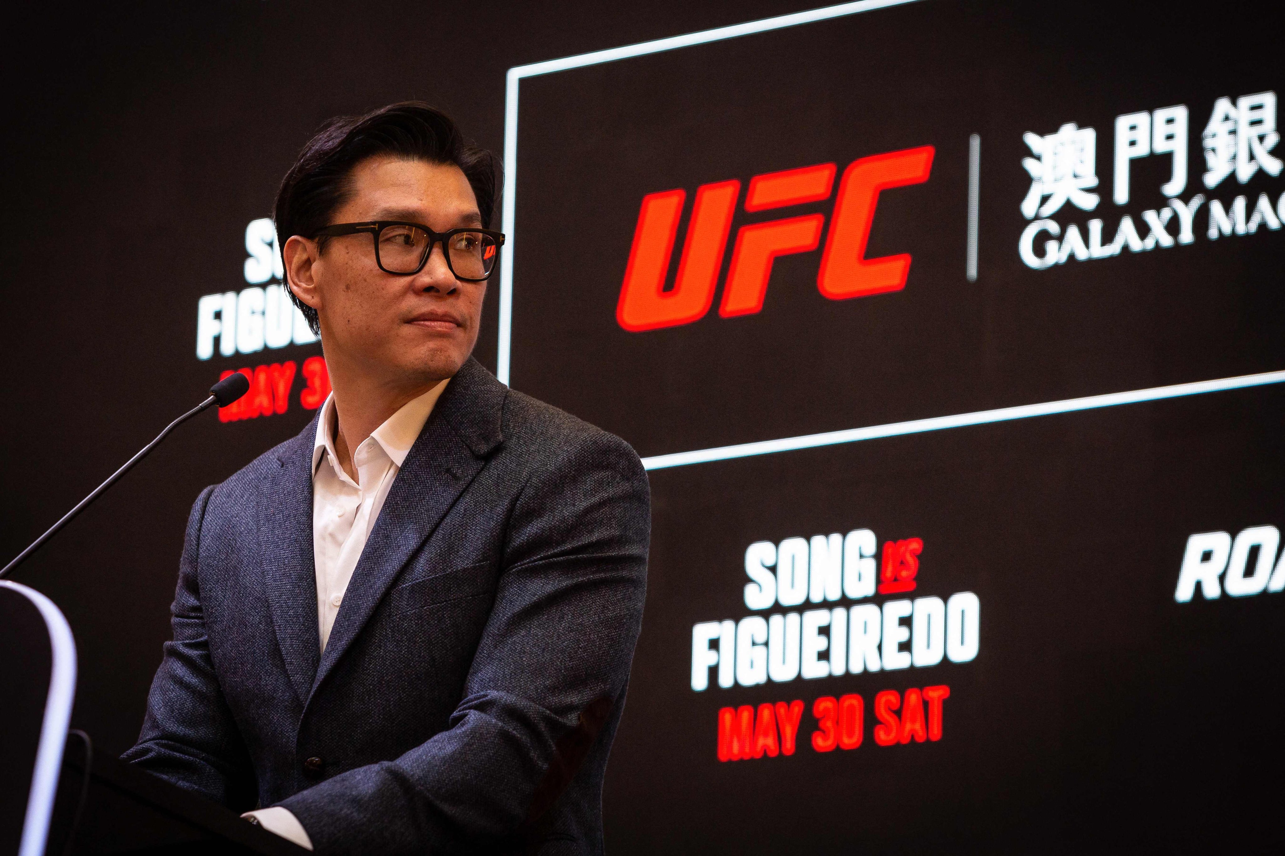 Kevin Chang, UFC's senior vice-president and head of Asia, delivers a speech at the opening ceremony of UFC Fight Night at the Galaxy Hotel resort in Macau on Wednesday. Photo: AFP