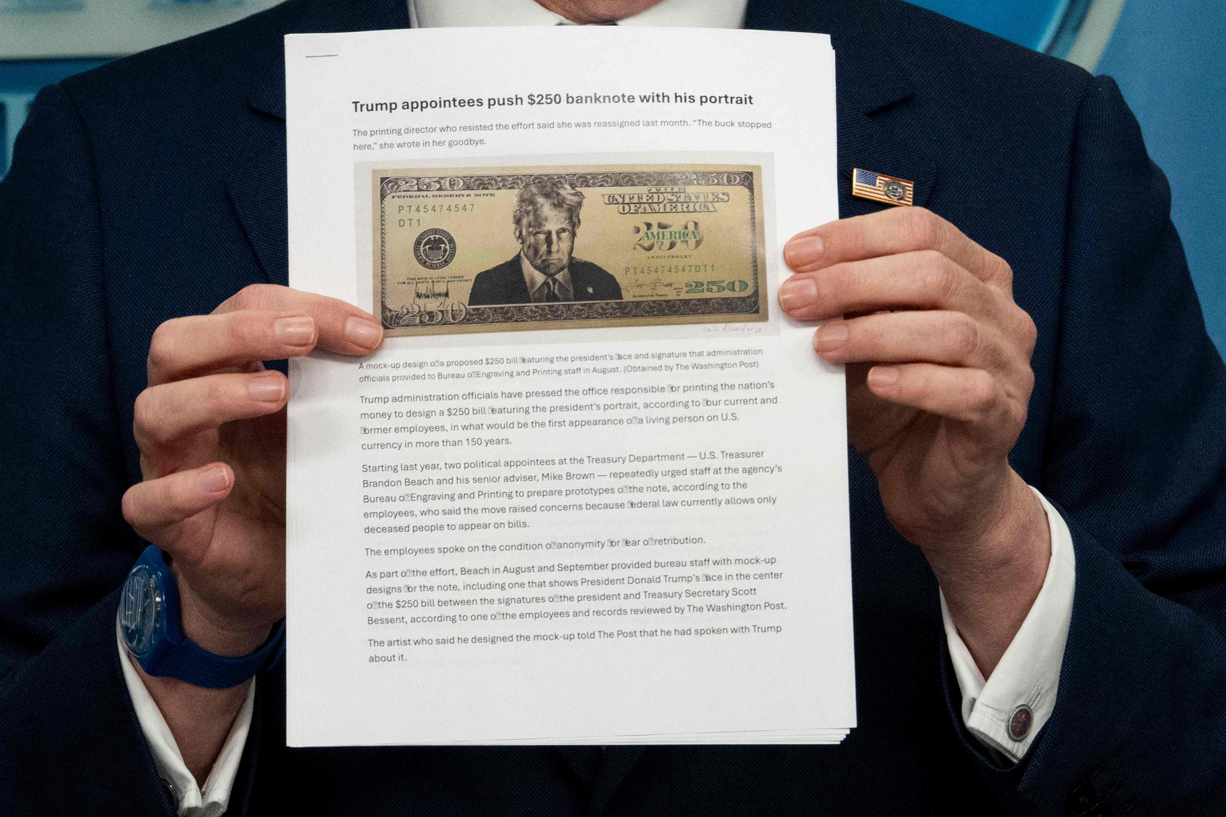 A proposed US$250 bill featuring President Donald Trump. Photo: AFP