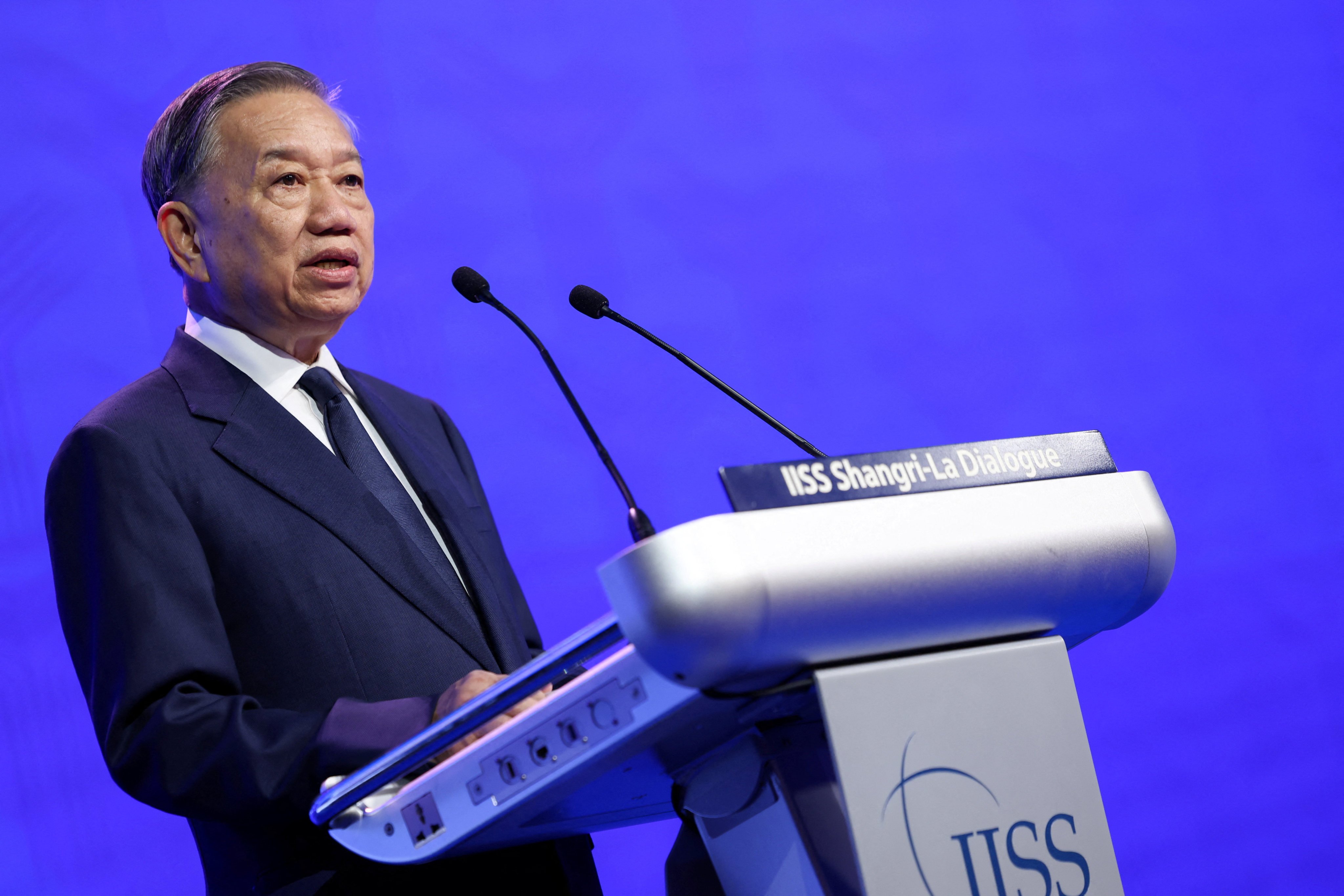 Vietnamese President To Lam gives a keynote address during the Shangri-La Dialogue security summit in Singapore on Friday. Photo: Reuters