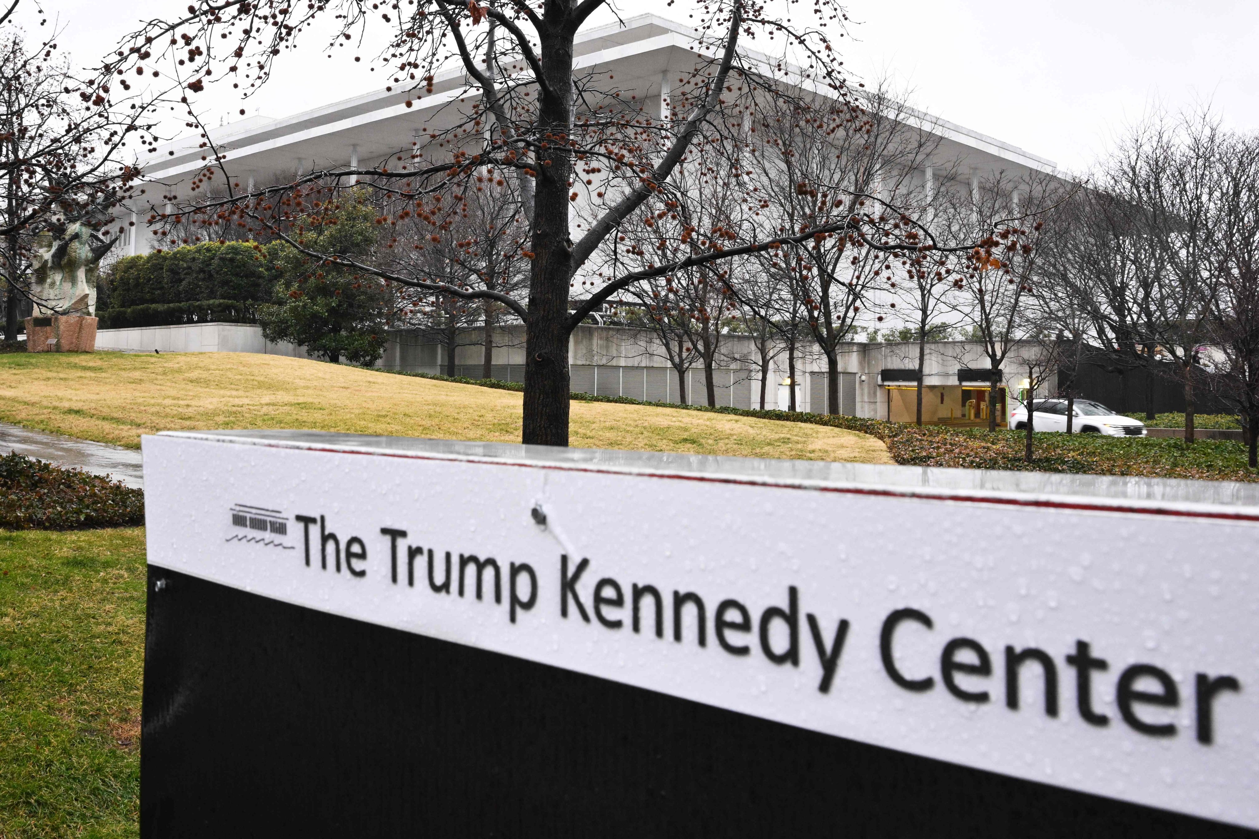 A sign with Trump’s name is seen at the Kennedy Centre in Washington in January. Photo: AFP