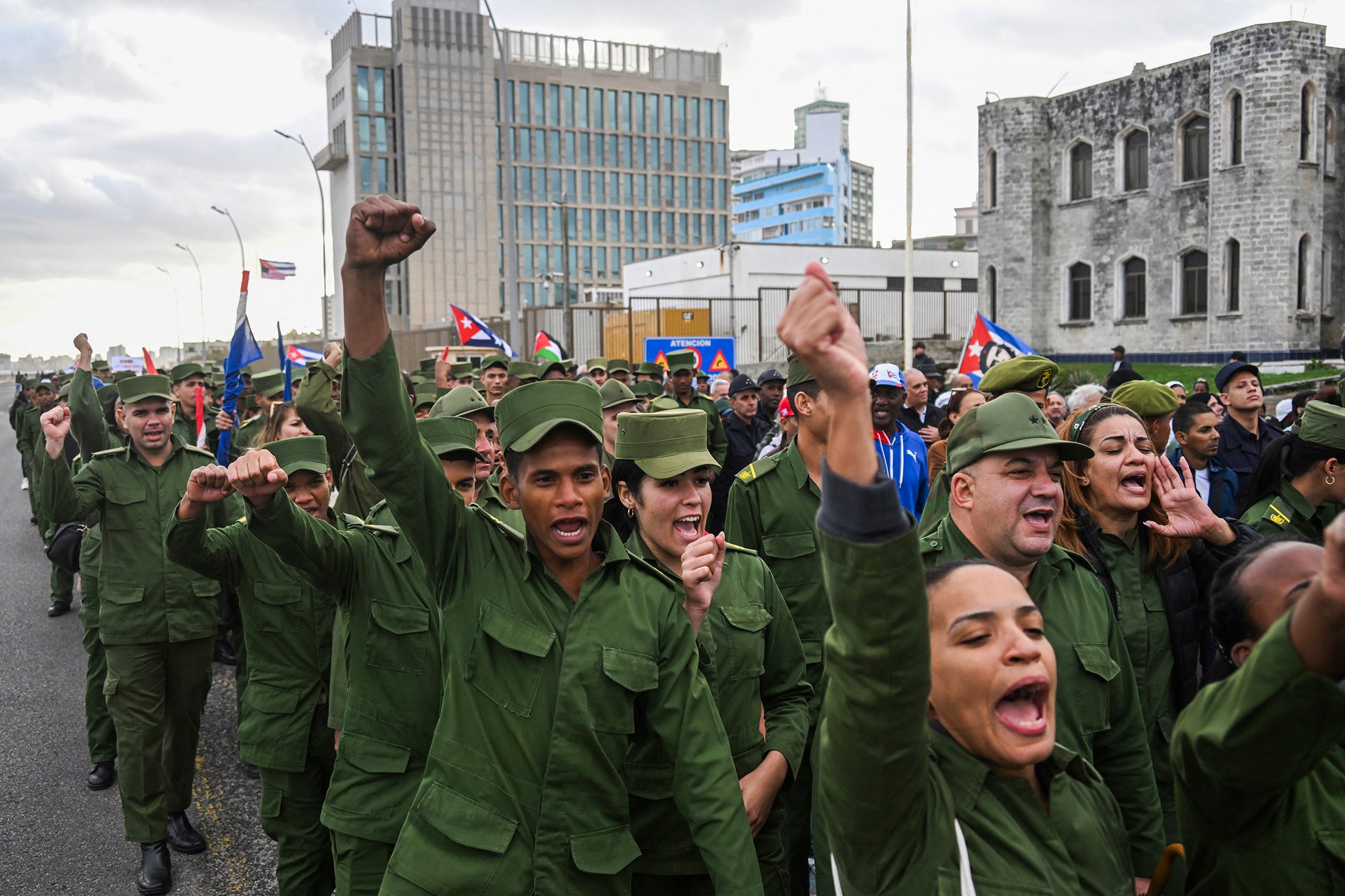 Students from military schools take part in an “anti-imperialist” protest against the American incursion in Venezuela, in front of the US Embassy  in Havana in January. Photo: AFP via Getty Images/TNS