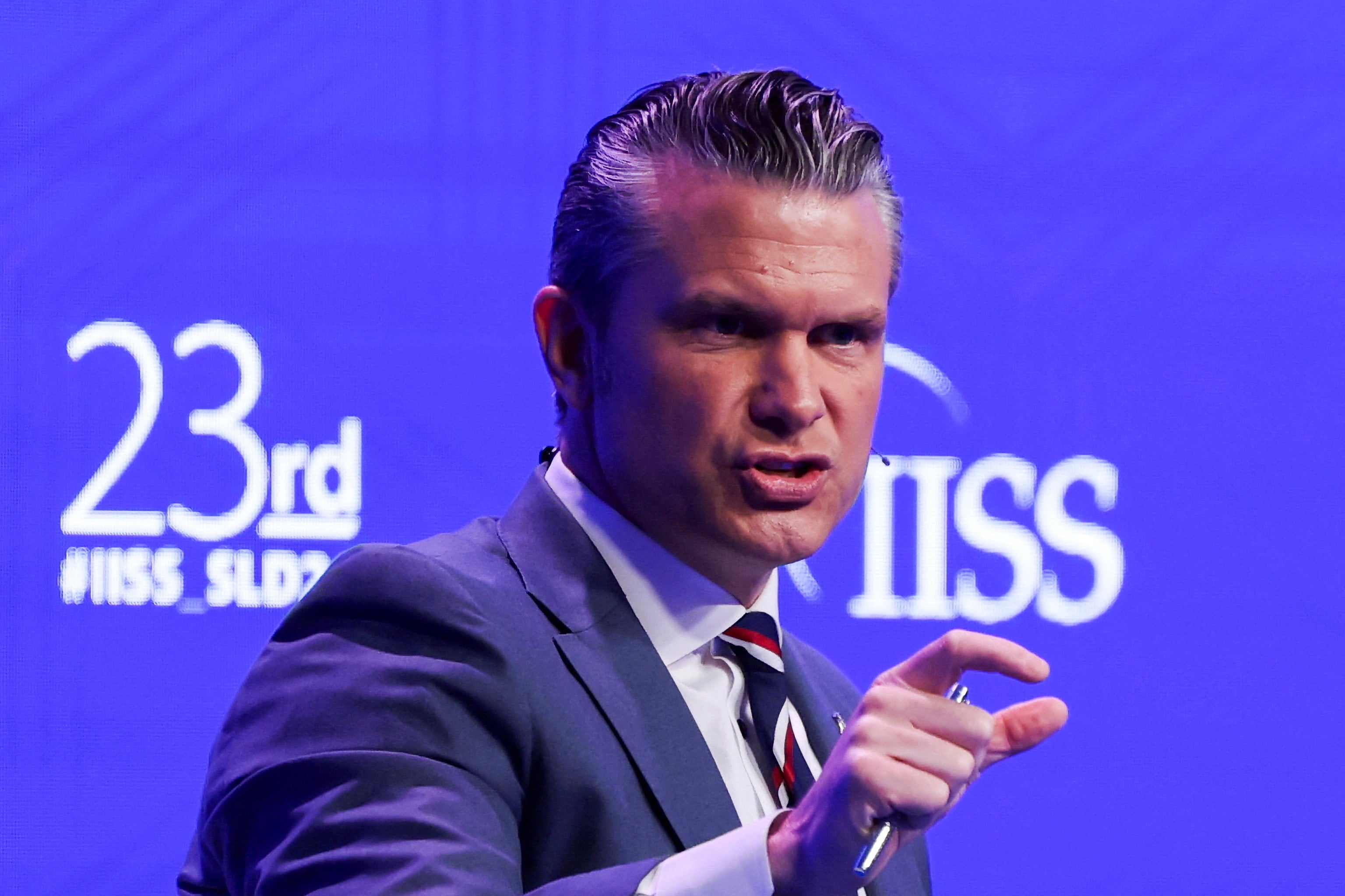 U.S. Secretary of Defense Pete Hegseth speaks at the IISS Shangri-La Dialogue security summit in Singapore, May 30, 2026. REUTERS/Edgar Su