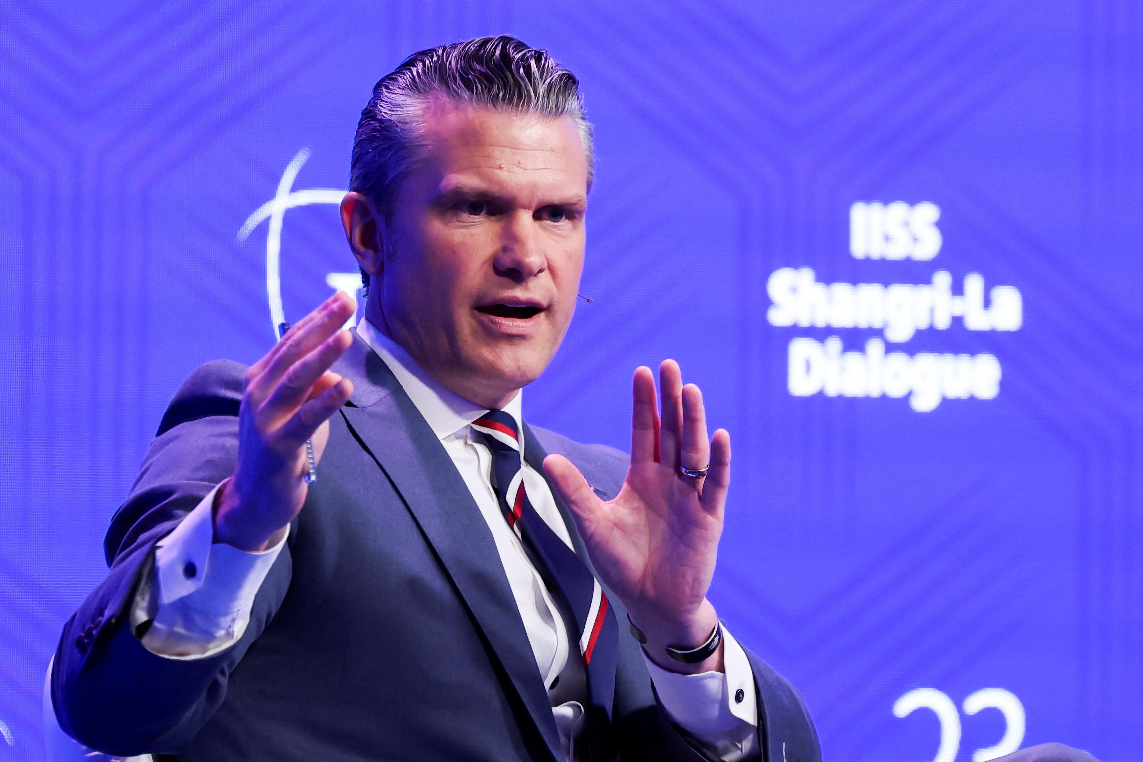 US Defence Secretary Pete Hegseth delivers a keynote speech at the IISS Shangri-La Dialogue in Singapore on Saturday. Photo: Reuters