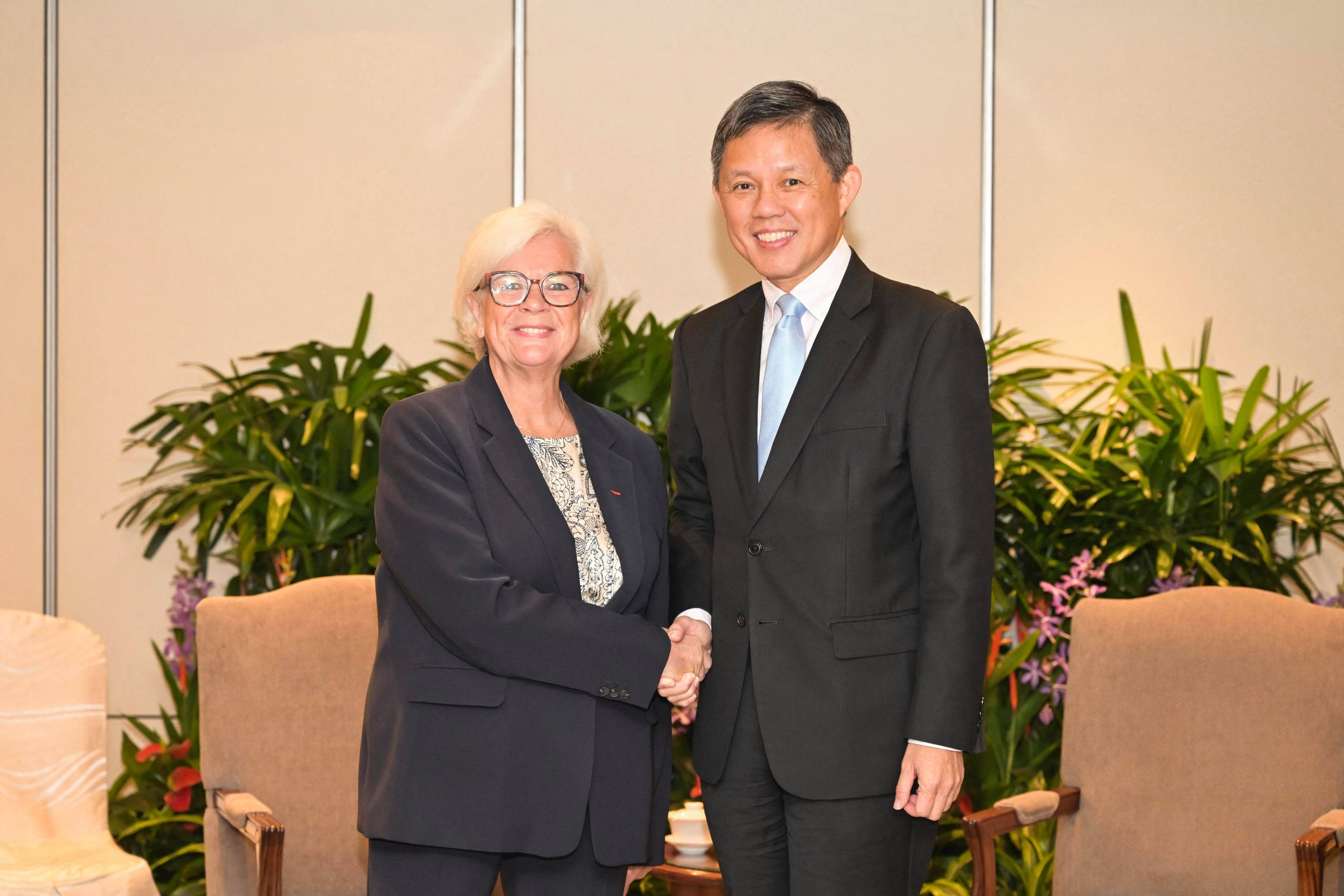 Singapore’s Minister of Defence Chan Chun Sing (right) and France’s Minister for the Armed Forces and Veterans Catherine Vautrin at the Shangri-La Dialogue Summit in Singapore. Photo: Singapore’s Ministry of Defence / AFP