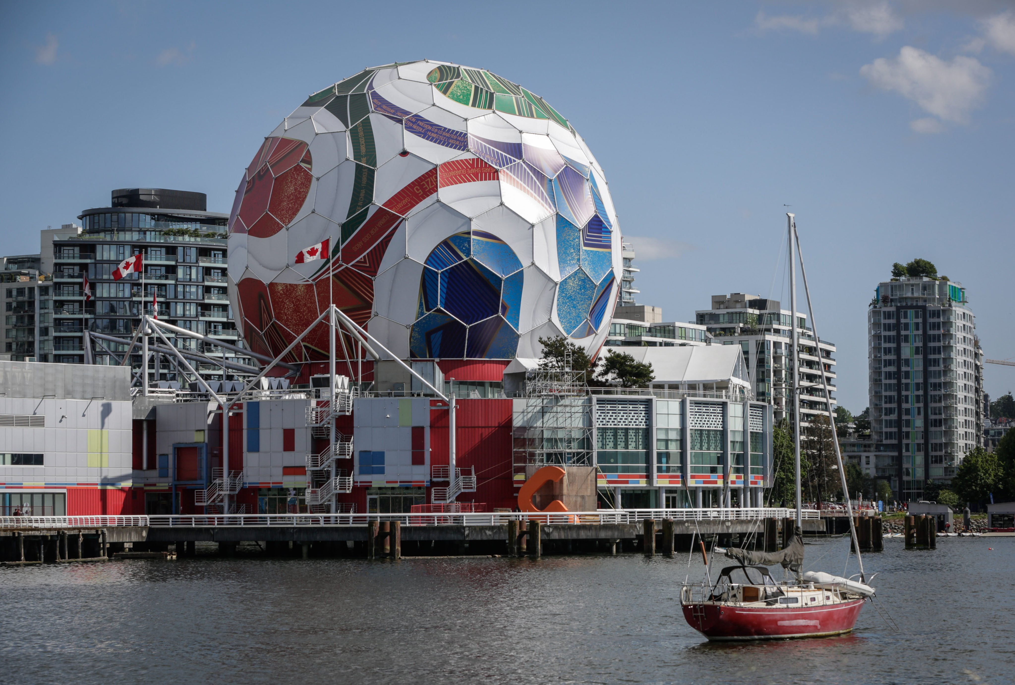 The dome of Science World is being transformed into a giant official match ball of the FIFA World Cup 2026 ahead of the tournament in Vancouver, British Columbia, Canada. Photo: Xinhua