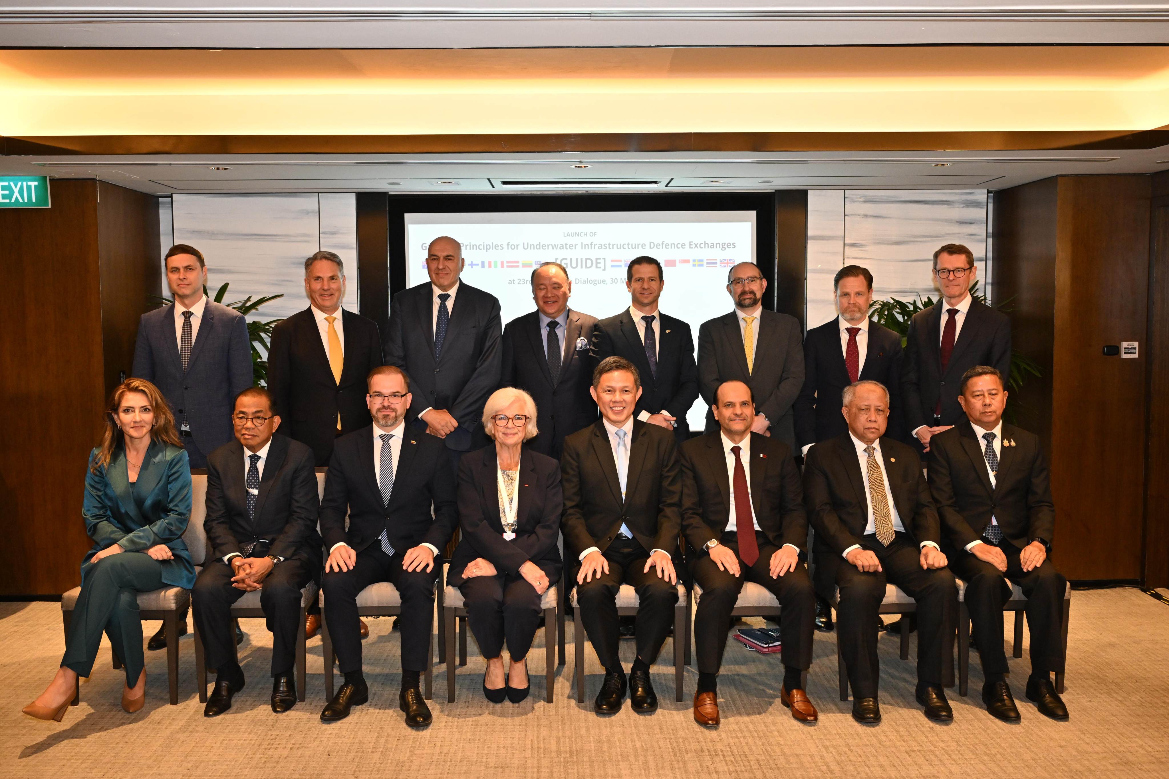 Singapore’s Minister for Defence Chan Chun Sing (centre) with representatives from 16 partner countries during the launch of the Guiding Principles for Underwater Infrastructure Defence Exchanges at the Shangri-La Dialogue on Saturday. Photo: Singapore’s Ministry of Defence