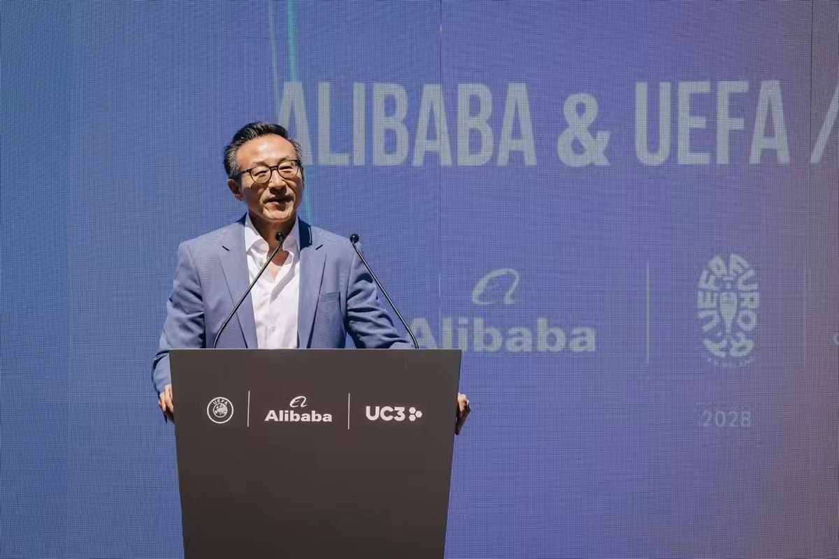Alibaba Group chairman Joe Tsai discusses the company’s new partnership with Uefa at the signing ceremony in Budapest. Photo: Handout