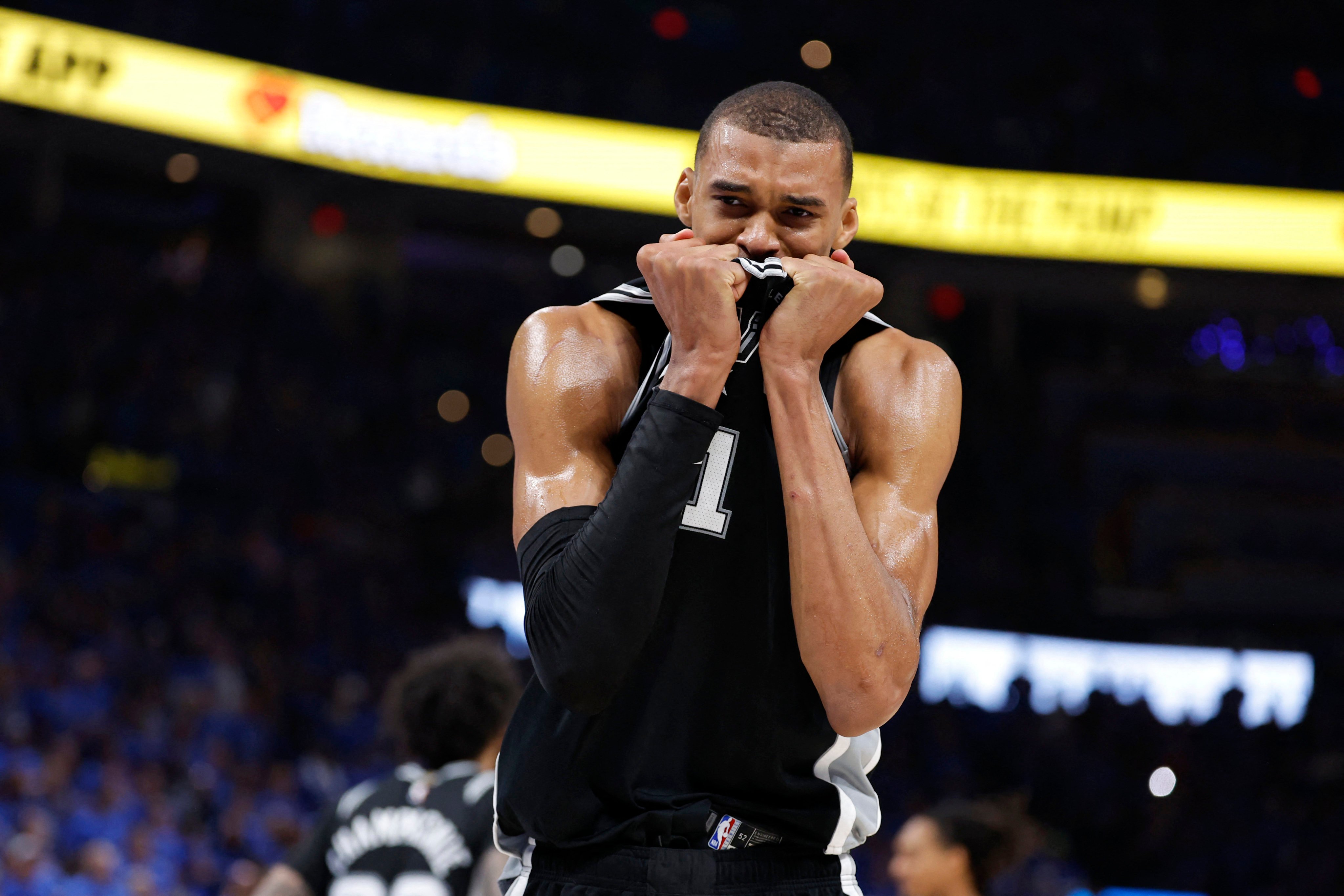 San Antonio Spurs forward Victor Wembanyama reacts after defeating the Oklahoma City Thunder in game seven of the NBA Western Conference finals on Saturday. Photo: Imagn Images