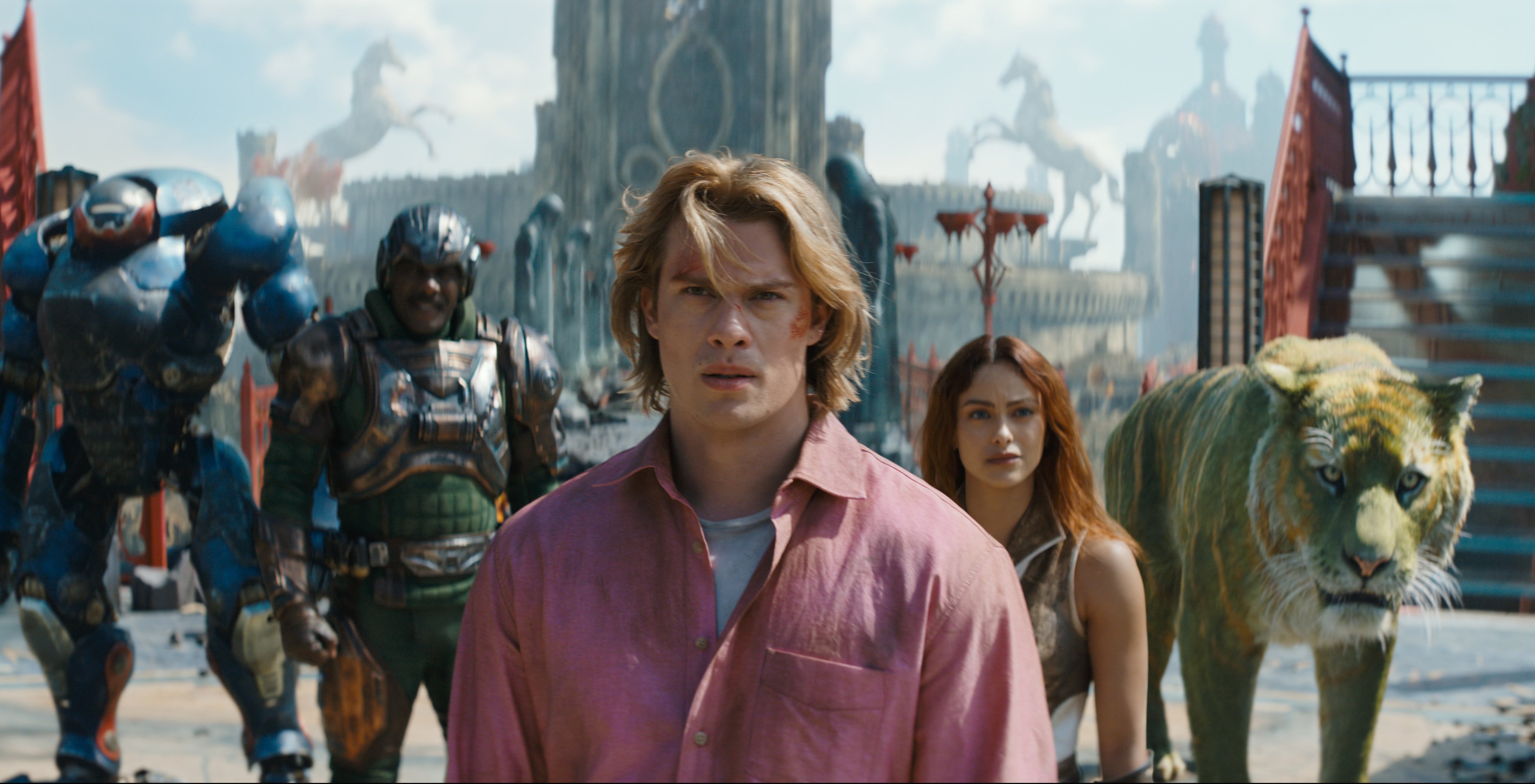(From left) Idris Elba, Nicholas Galitzine and Camila Mendes in a still from Masters of the Universe (category: IIA), directed by Travis Knight and co-starring Jared Leto.