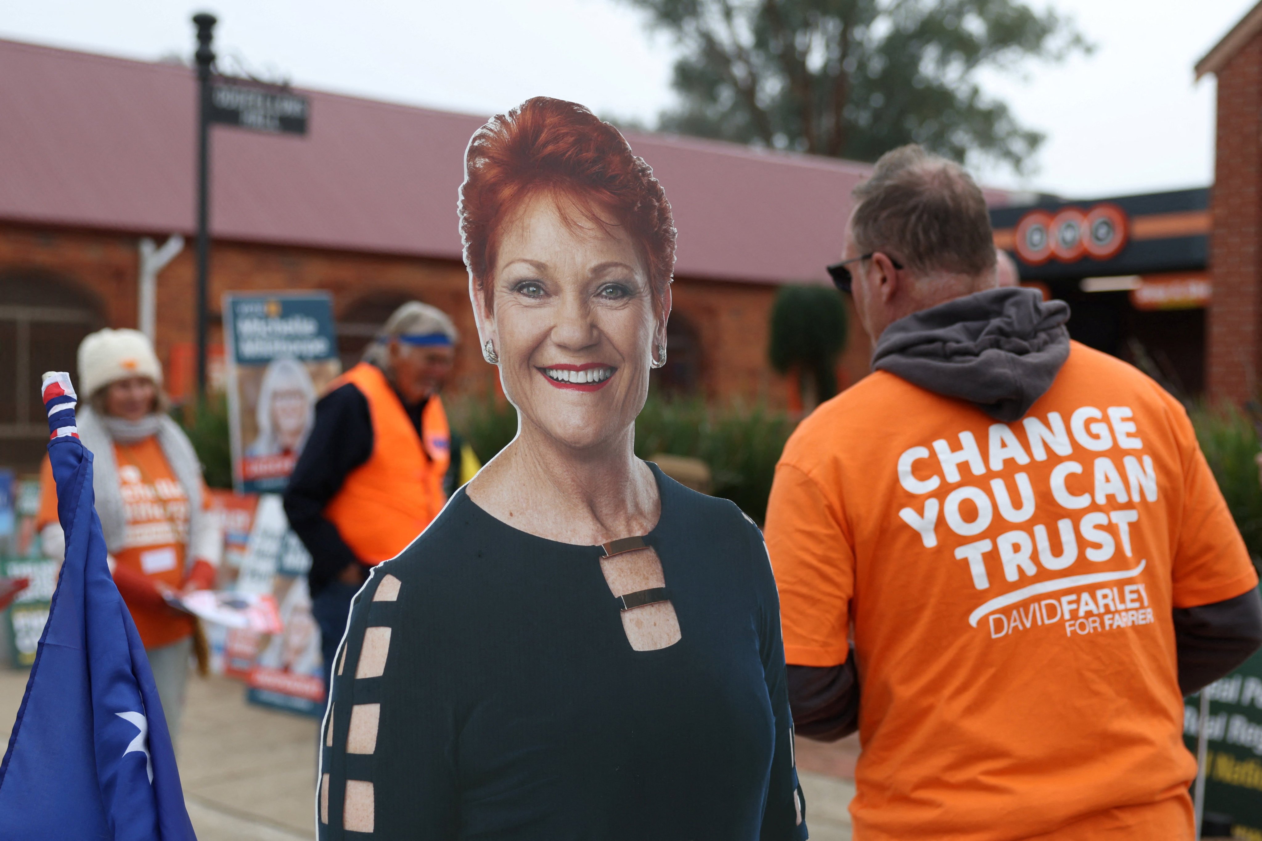 A campaign cutout depicting One Nation leader Pauline Hanson is displayed outside a pre-polling centre ahead of the Farrer by-election in Corowa, Australia, on May 6. Photo: Reuters