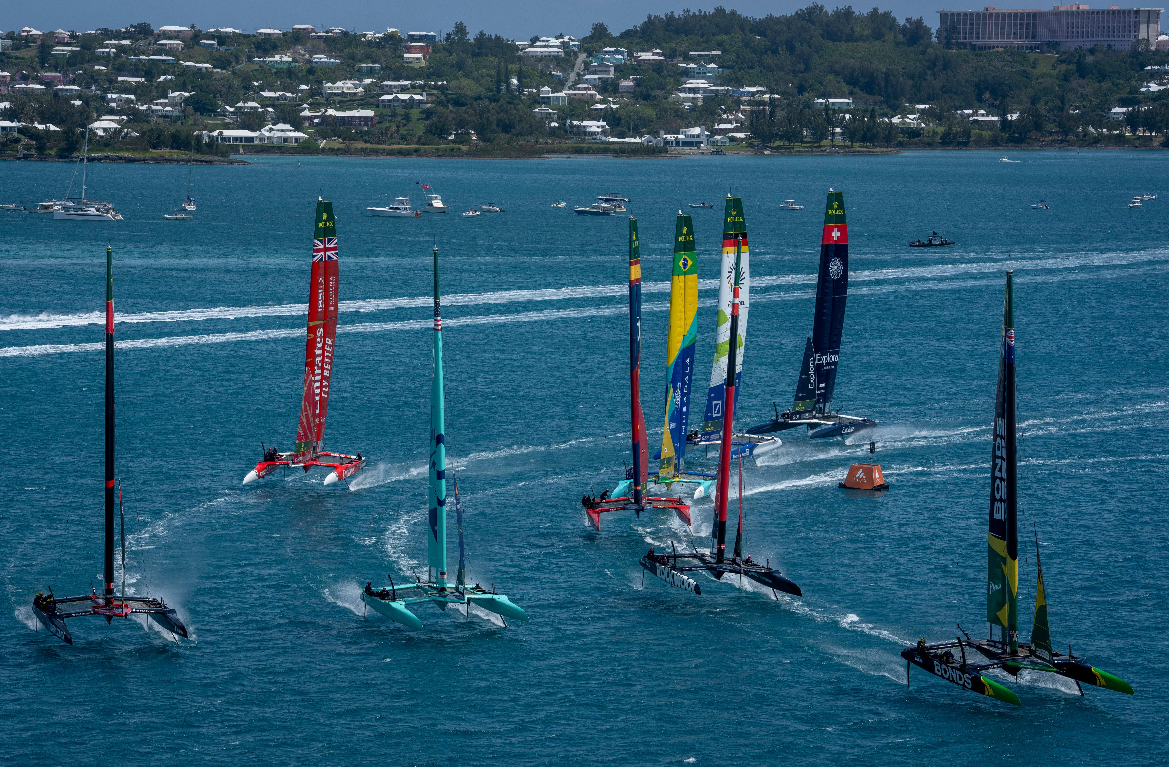 Athletes sail during the Bermuda leg of the SailGP championships on May 9. Photo: SailGP