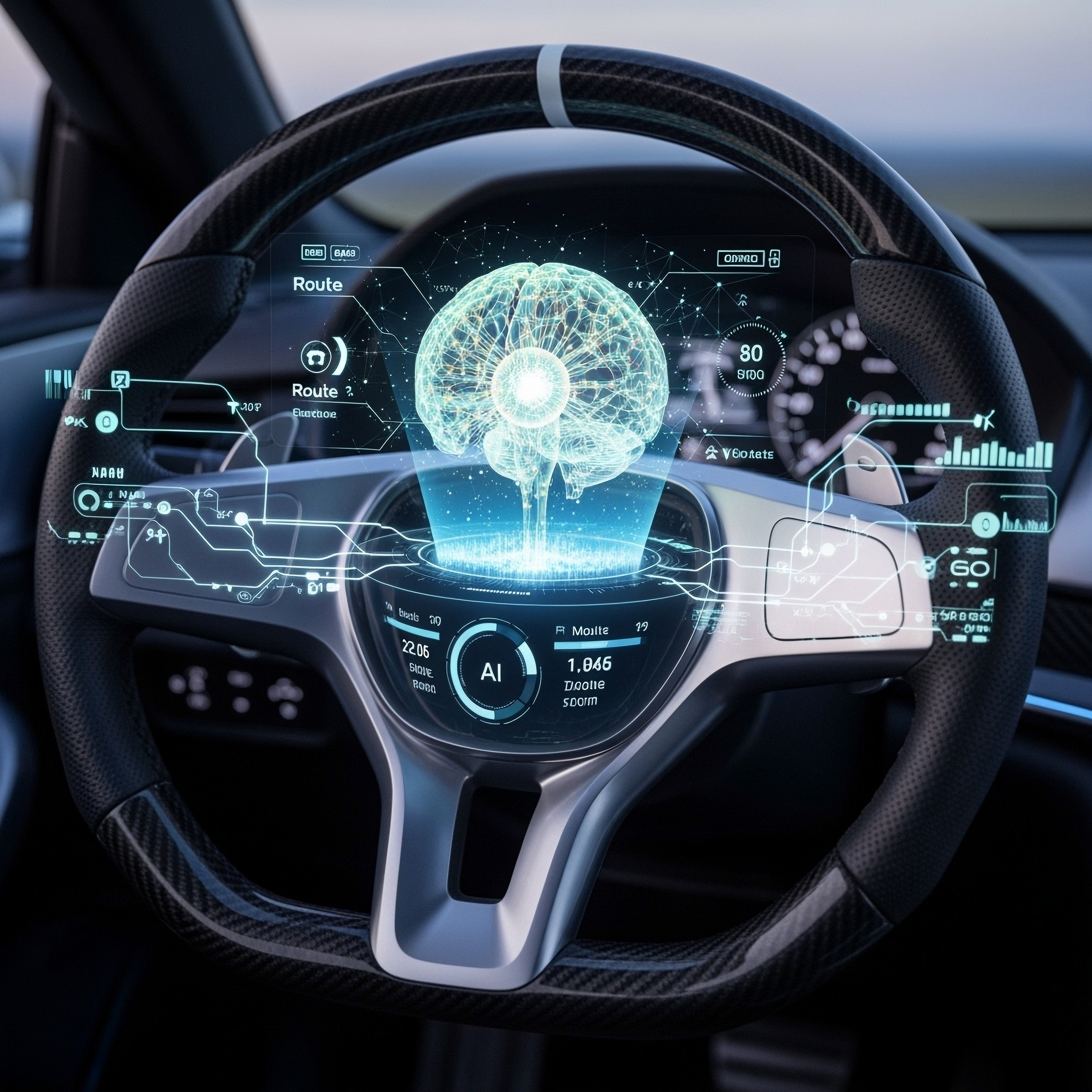 a steering wheel with an ai brain for autonomous driving. Photo: Shutterstock Images