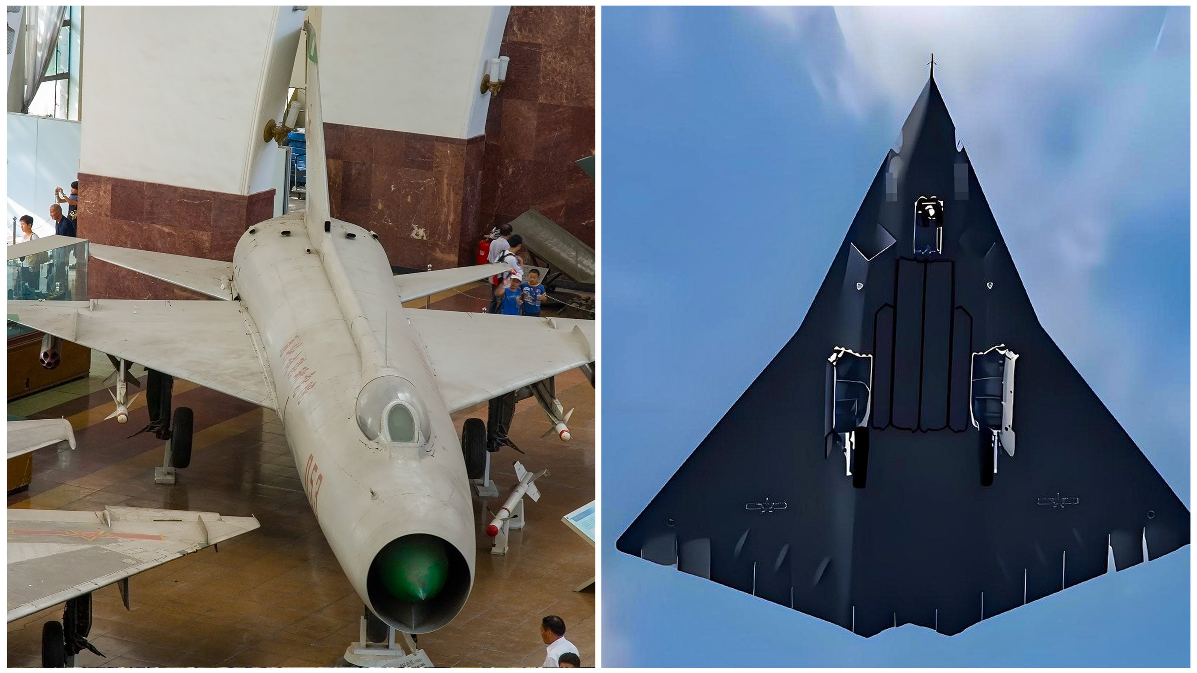 From the Shenyang J-8 (left) to the next-generation J-36, Chinese fighter design has undergone a massive technological transformation. Photo composite: Wikipedia/Max Smith