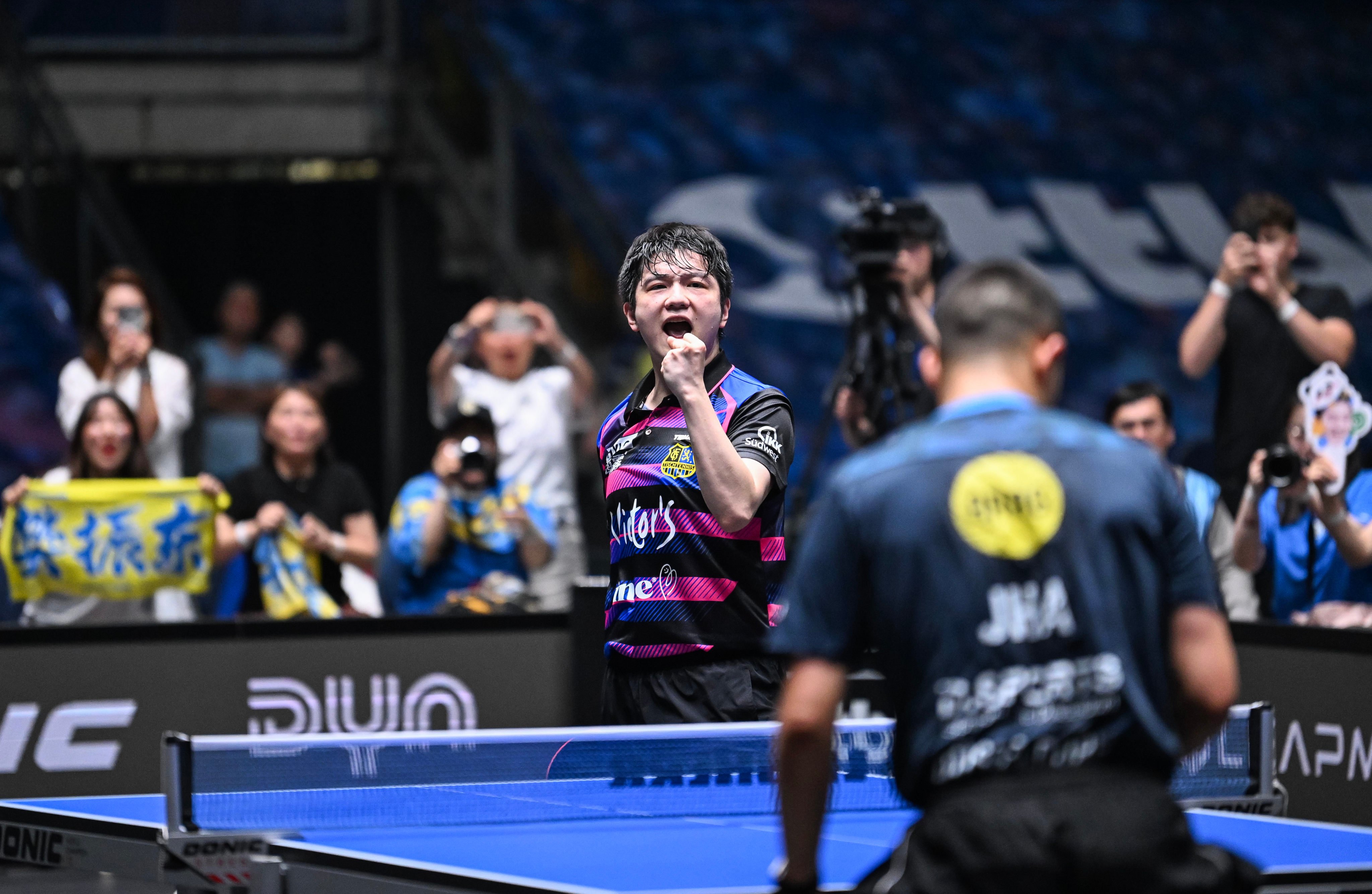 Fan Zhendong contributed his second point to the 3-1 win by beating Borussia Dusseldorf's Kanak Jha in Frankfurt on Sunday. Photo: Xinhua