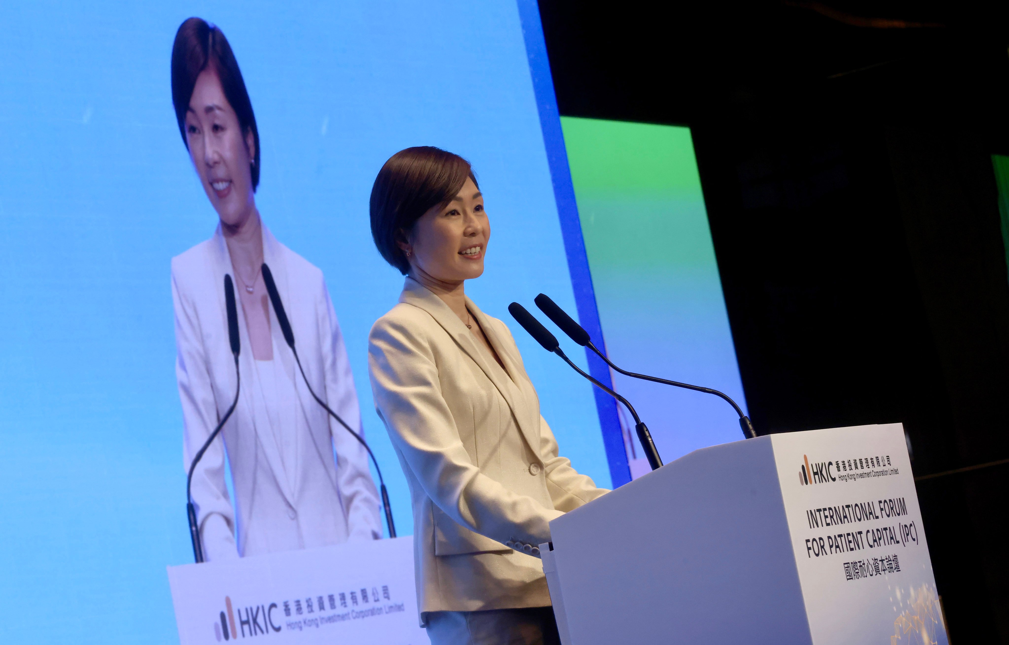 Hong Kong Investment Corporation CEO Clara Chan Ka-chai speaks at a forum at Regent Hong Kong on May 22, 2025. Photo: Jonathan Wong