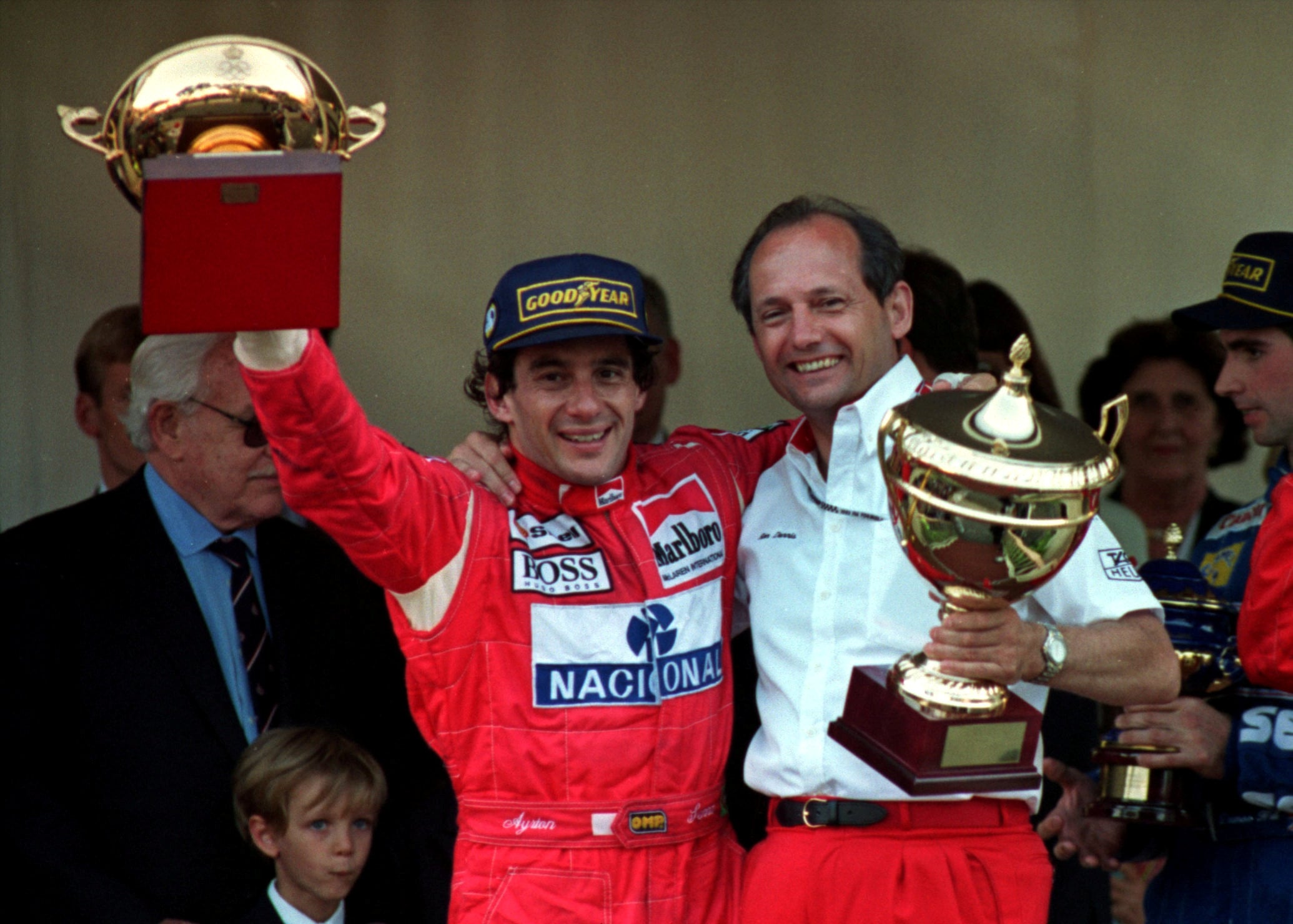 McLaren legend Ayrton Senna of Brazil (left) with team manager Ron Dennis after winning the 1993 Monaco Grand Prix. Photo: Reuters