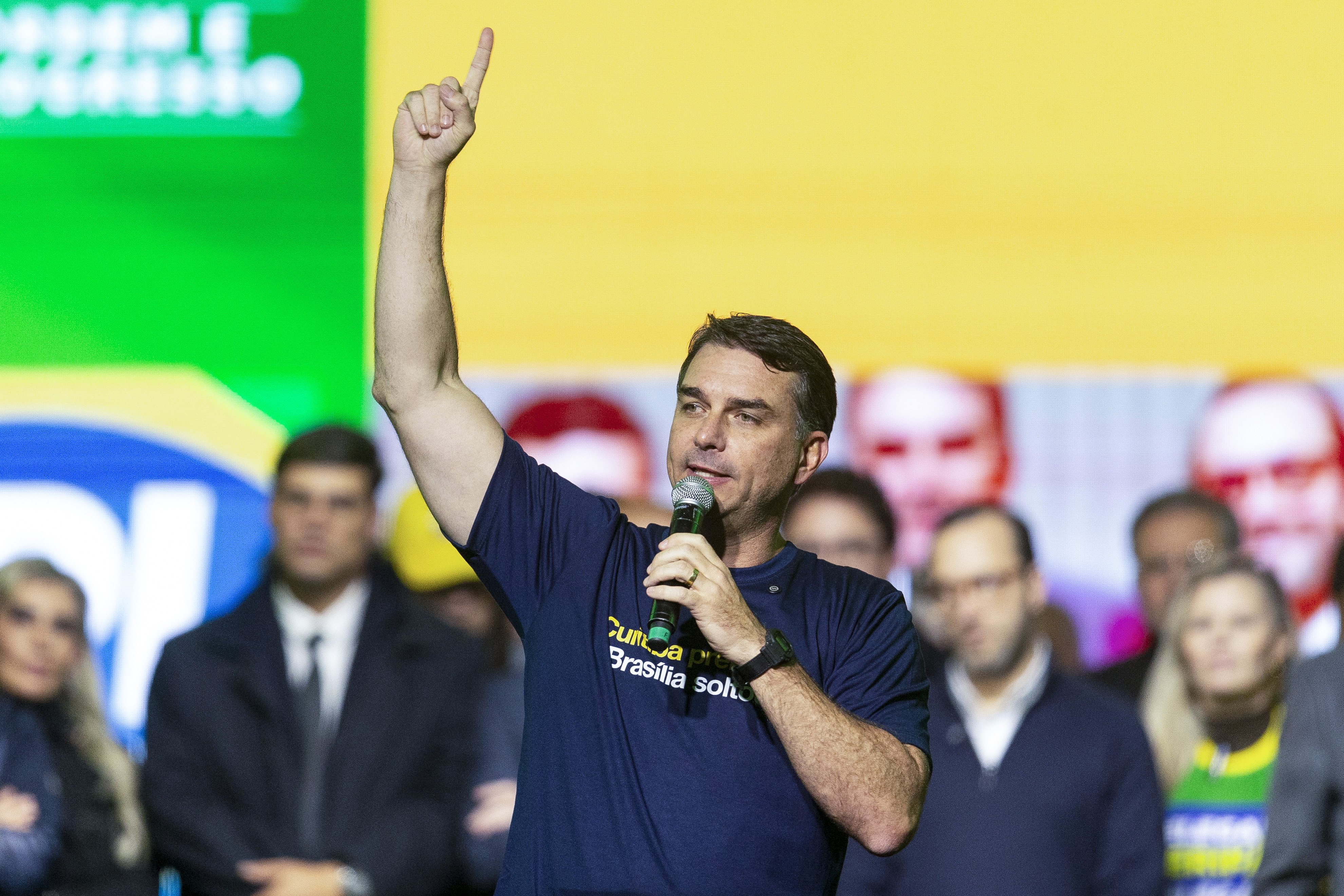 Brazilian senator and presidential hopeful Flavio Bolsonaro speaks during a political rally in Curitiba, Brazil, on Friday. Photo: EPA