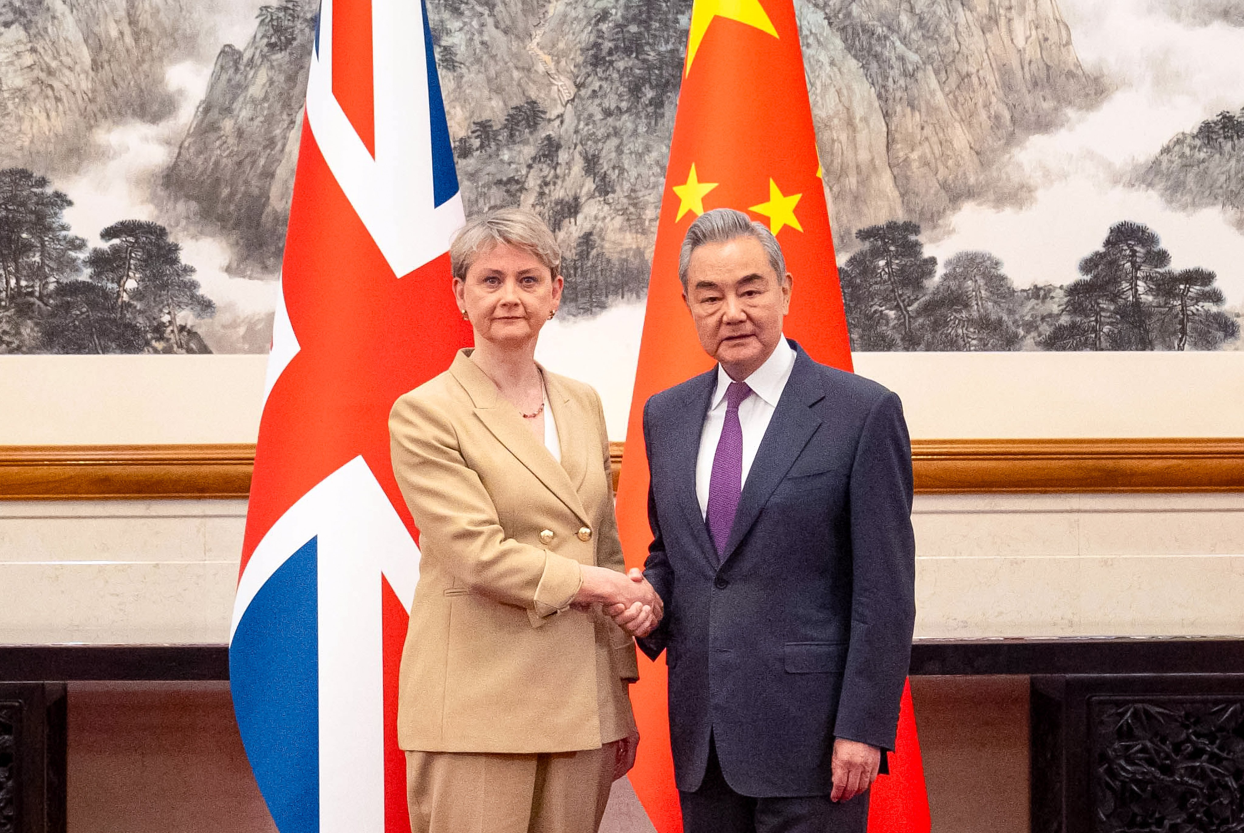 British Foreign Secretary Yvette Cooper meets Chinese Foreign Minister Wang Yi at Diaoyutai Guest House in Beijing on Tuesday. London's top diplomat is on a three-day visit to China. Photo: dpa