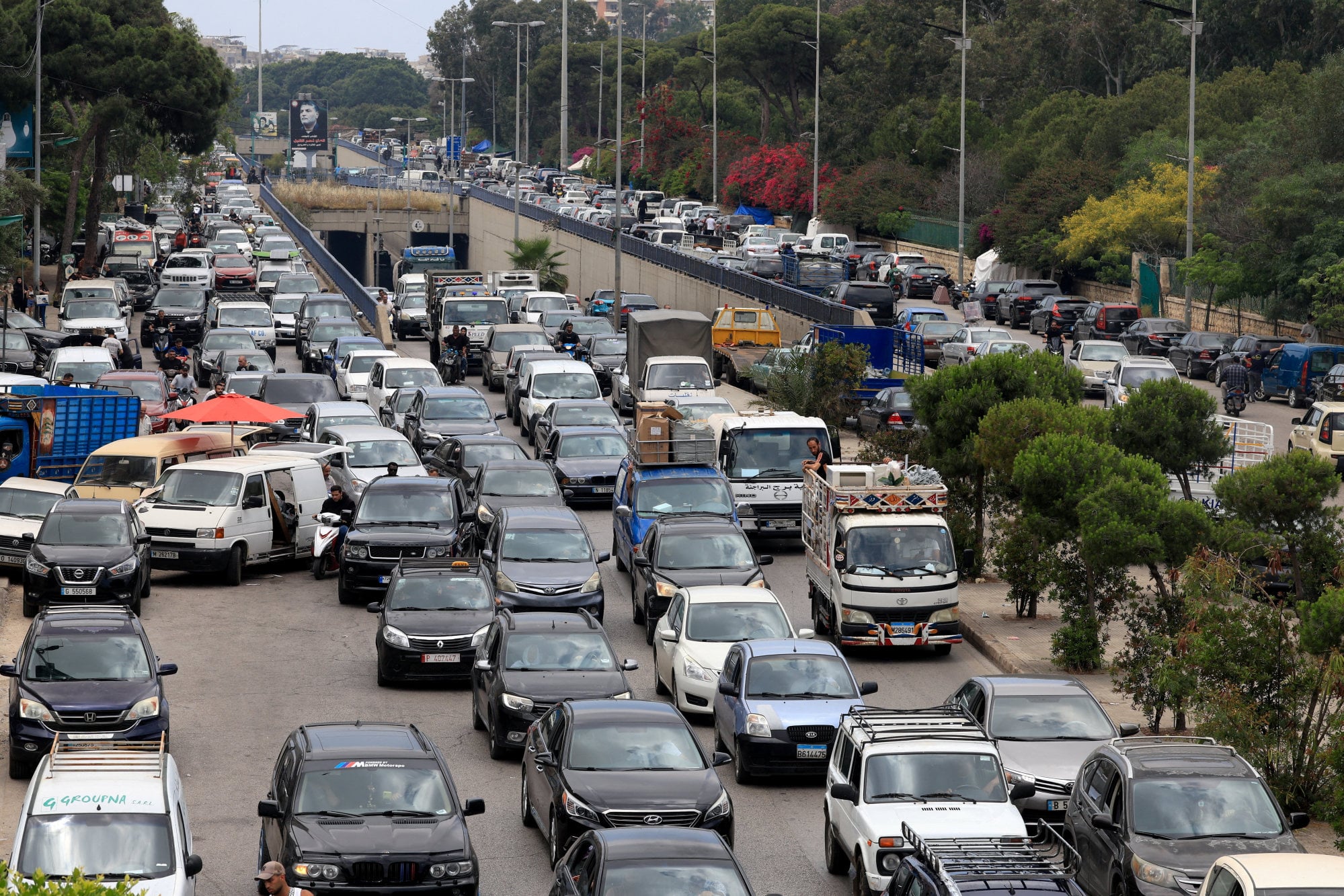 Traffic clogs a road as residents flee the southern suburbs of Beirut on Monday. Photo: Reuters Traffic clogs a road as residents flee the southern suburbs of Beirut on Monday. Photo: Reuters